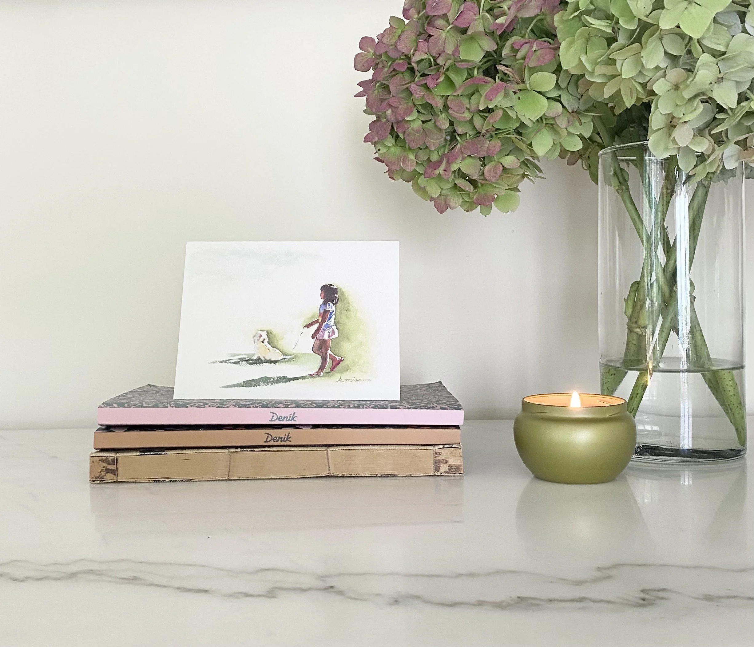 watercolor print greeting card of girl walking dog-Keri Misawa Art