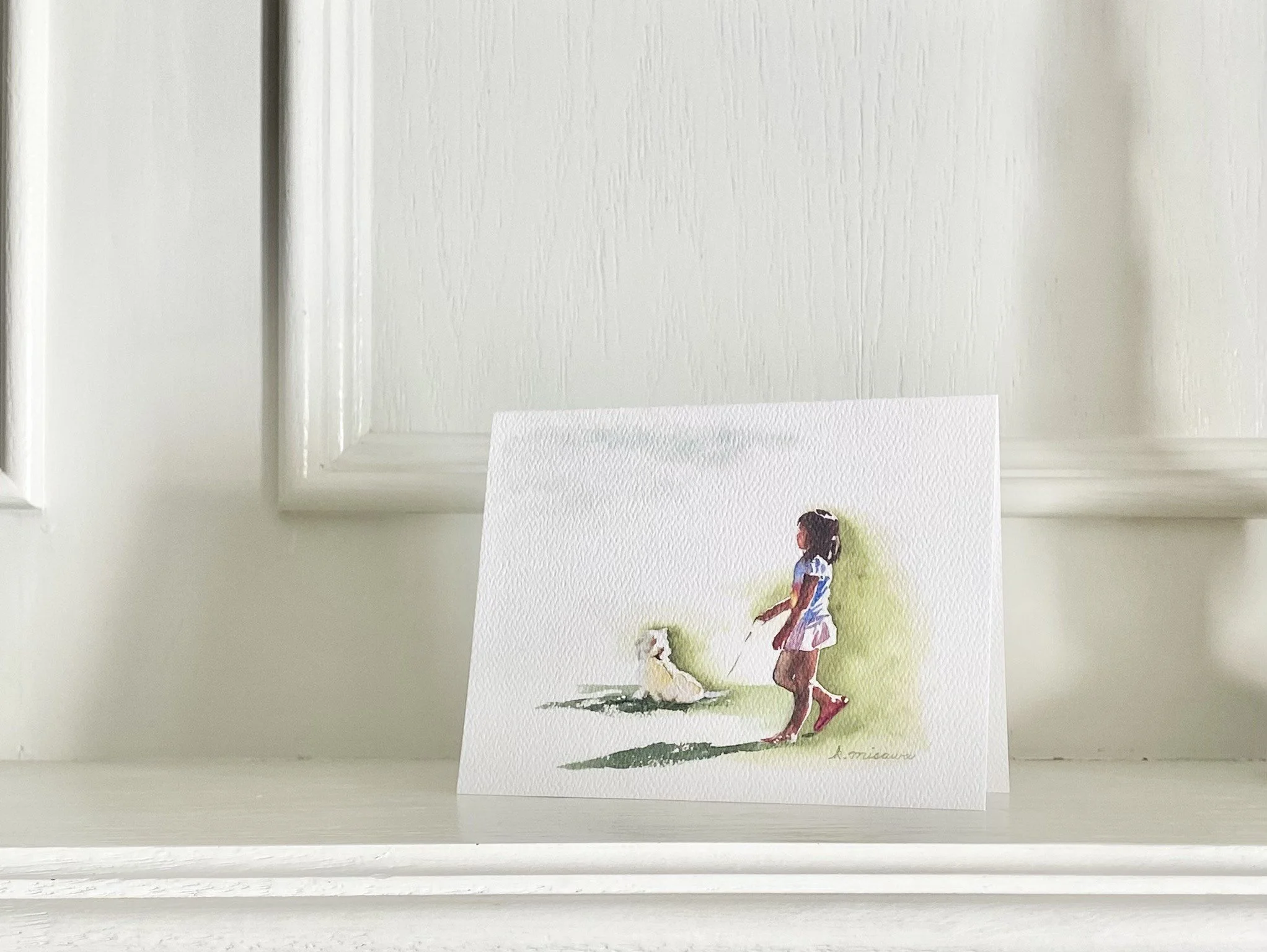 watercolor print greeting card of girl walking dog-Keri Misawa Art