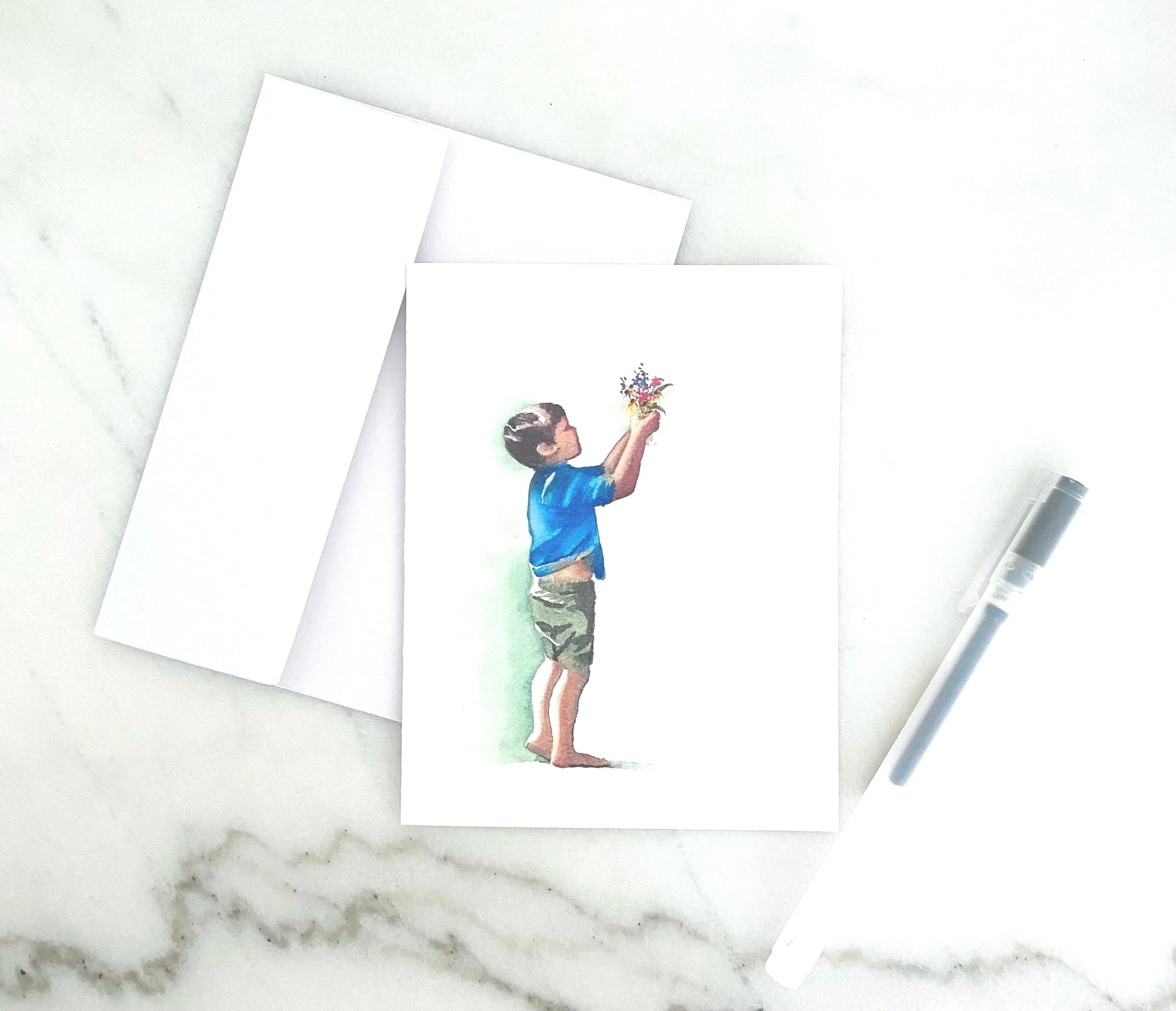 watercolor print greeting card of little boy holding up flowers
