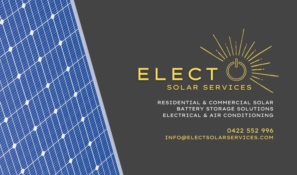 Business card for Elect Solar Services featuring a solar panel graphic, company name, services offered including solar energy, battery storage, electrical, and air conditioning, contact number, and email address.