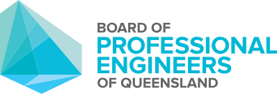 Logo of the Board of Professional Engineers of Queensland with a blue geometric icon and black and blue text