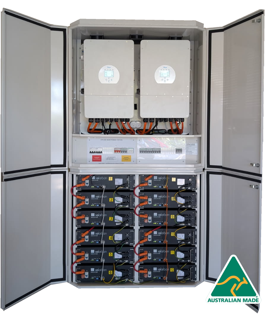 Open electrical cabinet housing solar inverter and batteries for renewable energy system, with an 'Australian Made' label.