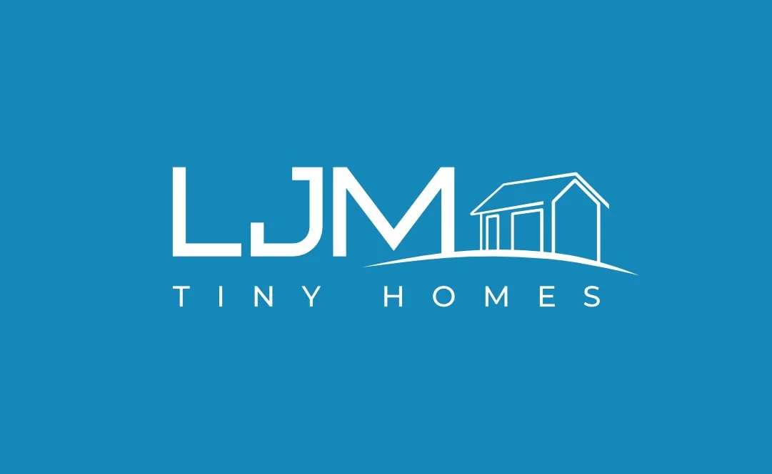 Logo for LJM Tiny Homes with blue background, white text, and a line drawing of a tiny house