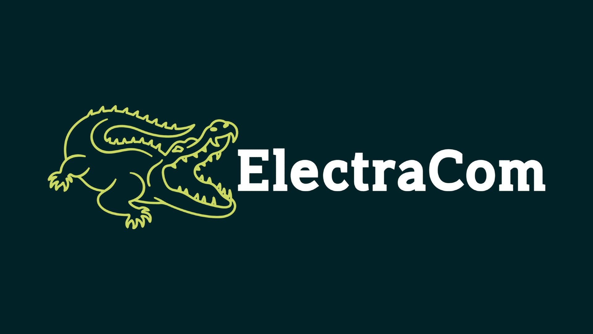 Logo with a yellow outline of an alligator's head and the text 'ElectraCom' on a dark background.