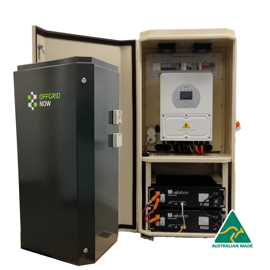 Electrical cabinet containing solar power system components and a black lockable box labeled 'OFFGRID NOW', with an 'Australian Made' logo.