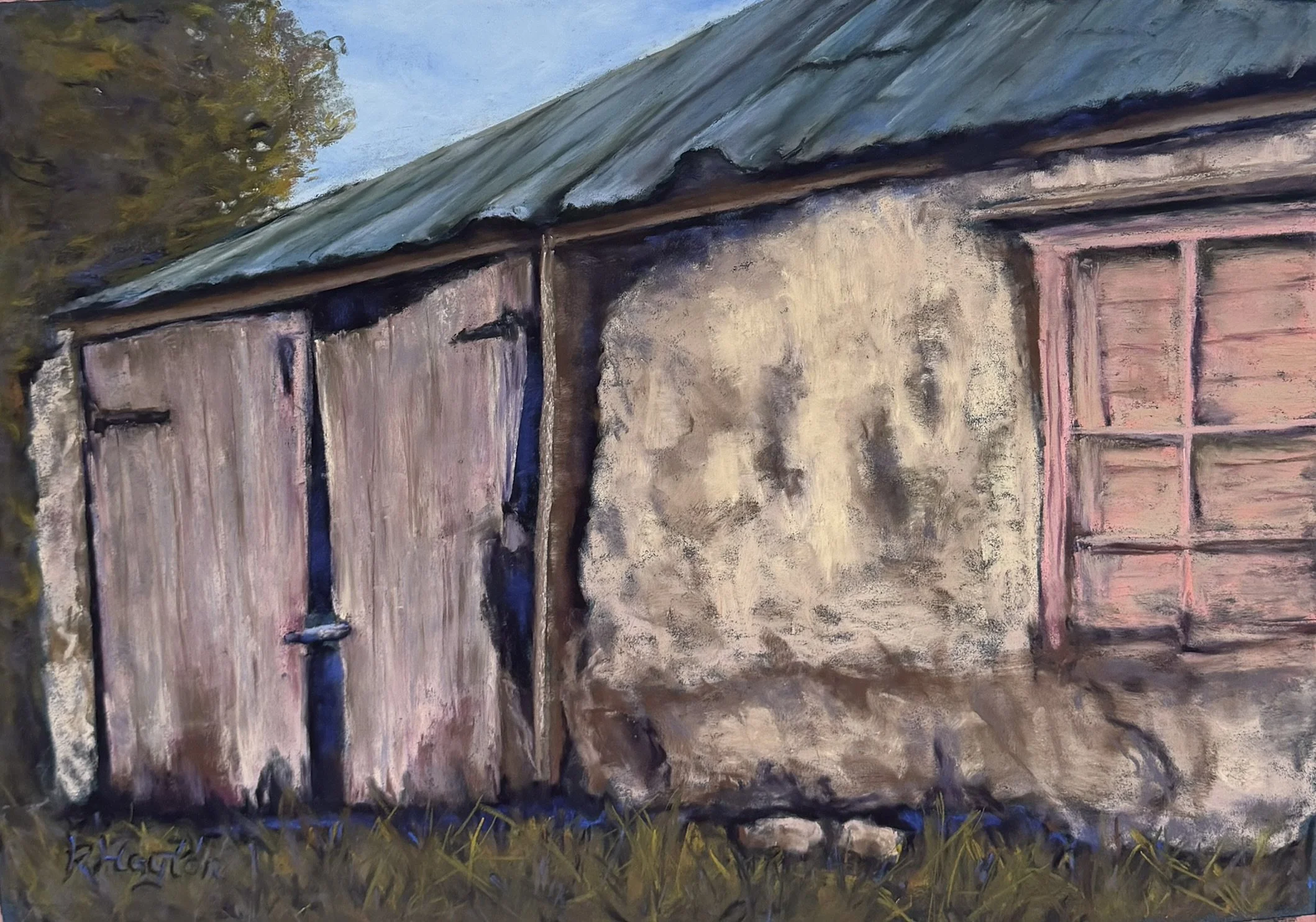 Painting of a weathered rustic shed with a corrugated metal roof, wooden doors, and pink shutter beside grass