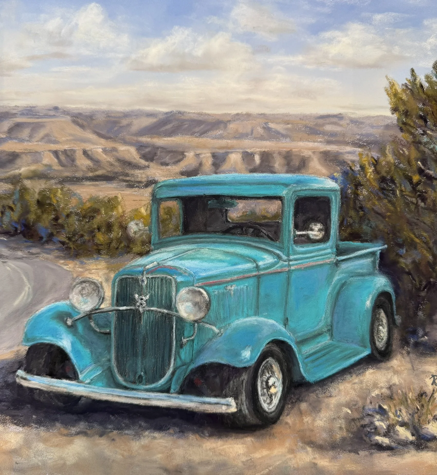 Pastel painting of a vintage turquoise pickup truck on a rural road with desert hills and trees.
