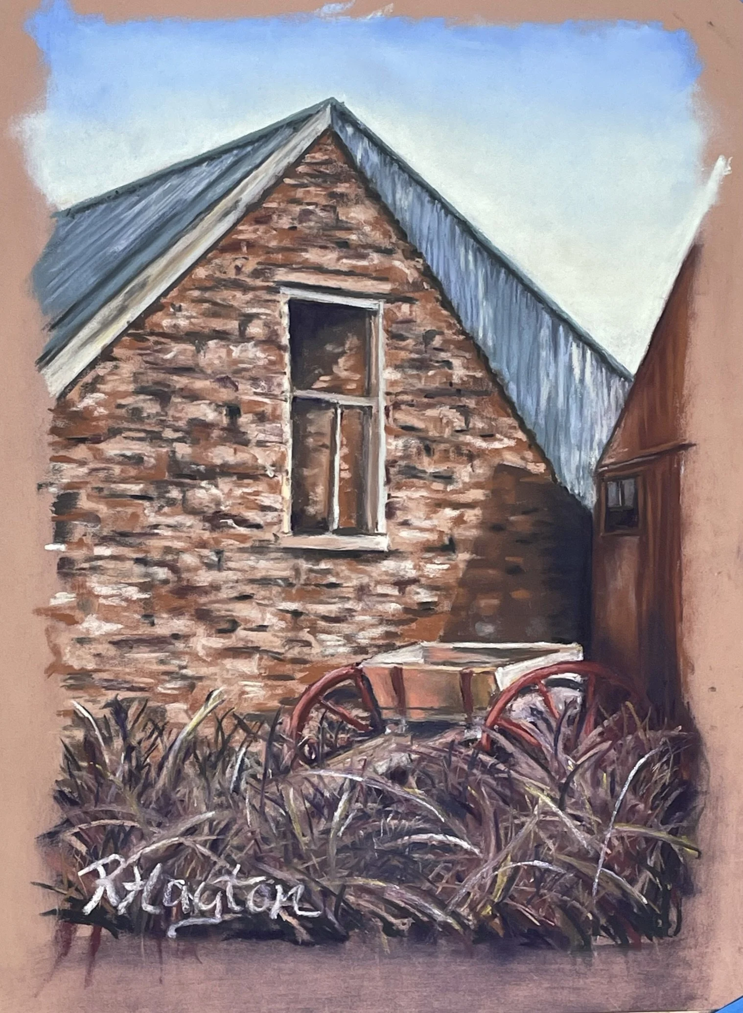 Painting of a rustic brick cottage with a peaked metal roof, boarded window, overgrown grass, and a red wheelbarrow under a blue sky.