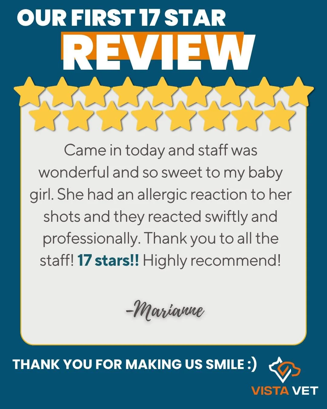 ⭐ We got our first 17-star review!⭐ We didn&rsquo;t even know that was an option, but we&rsquo;ll take it! 🧡 Thanks for making our day and putting a smile on our faces! 🐾