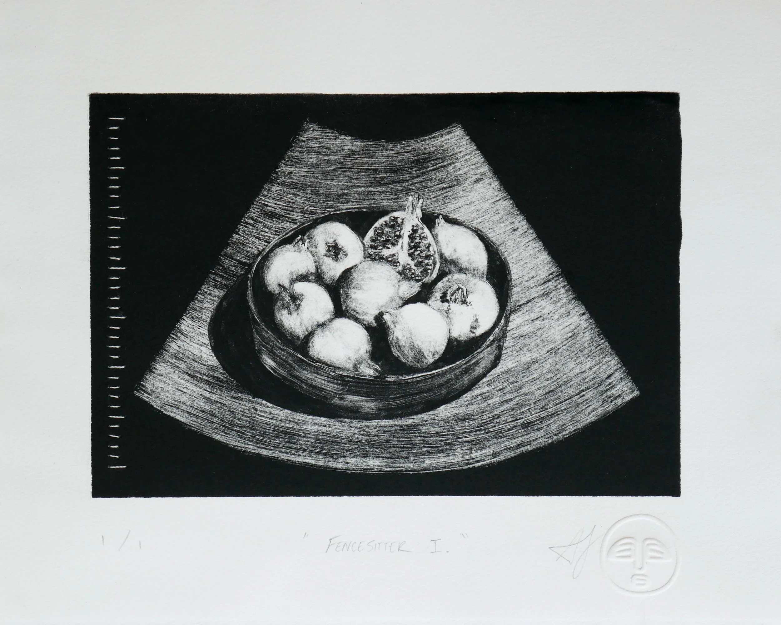 Black and white monotype print of a sonogram containing a still life of a bowl of pomegranates