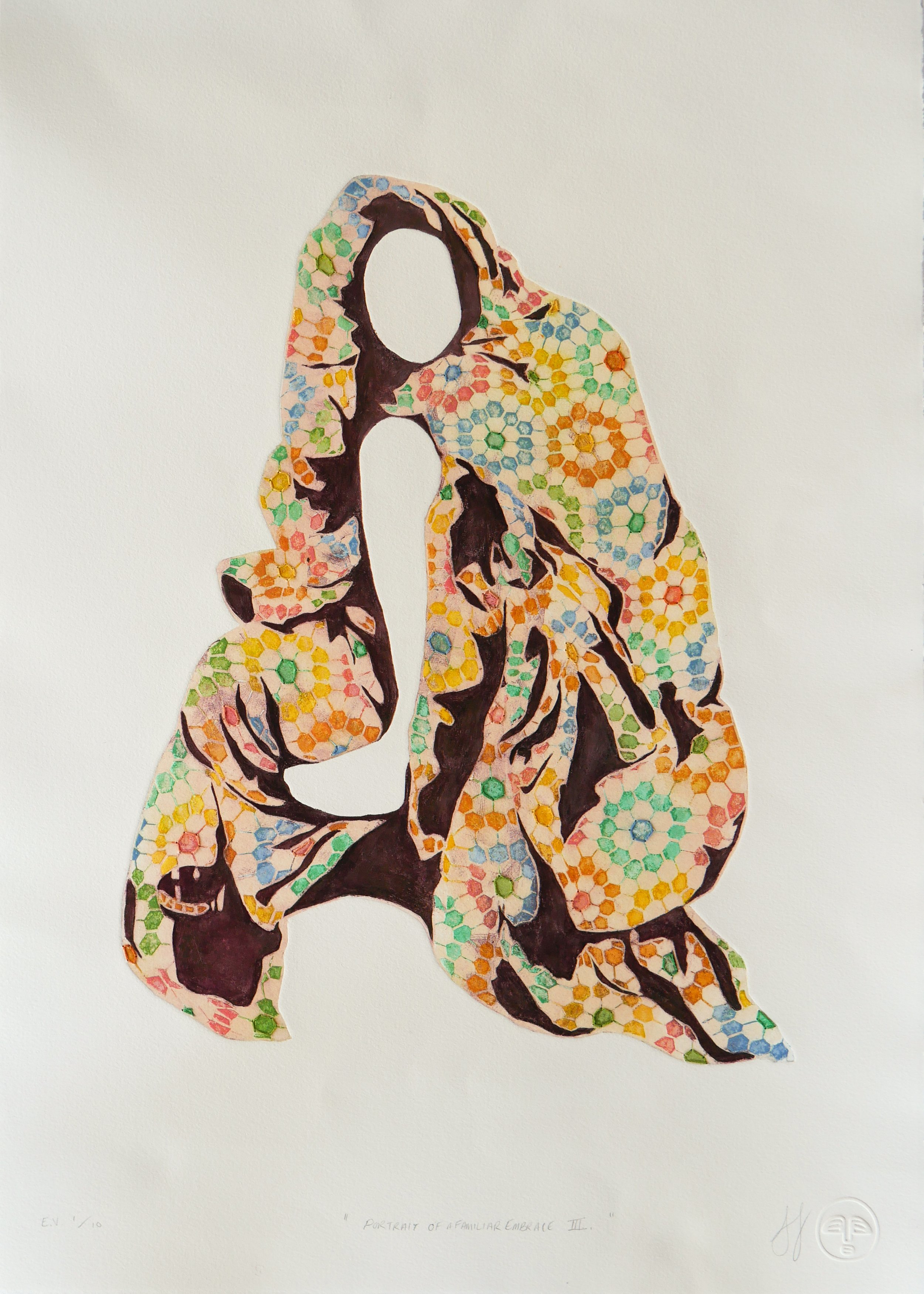 Colorful collagraph print of a crouching invisible figure cloaked in a rainbow hexagon quilt