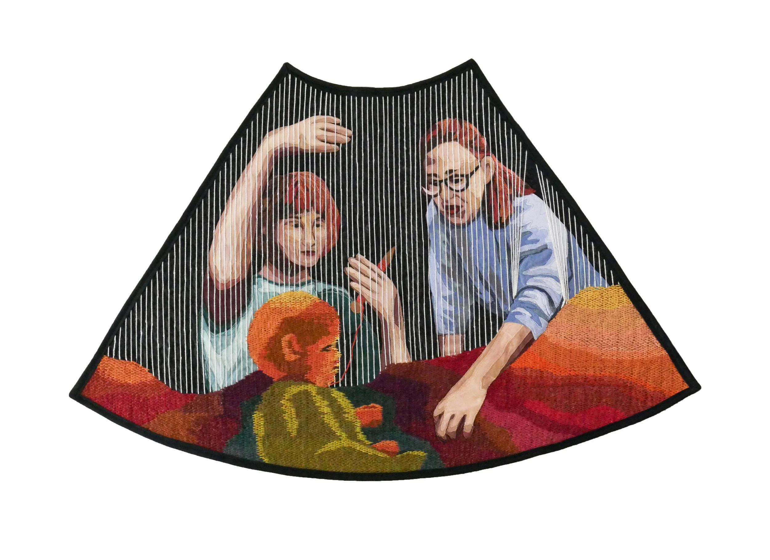 A quilt in the shape of a sonogram scan depicting two women sitting behind the warp strings of a weaving of an infant baby surrounded in blended warm tones.