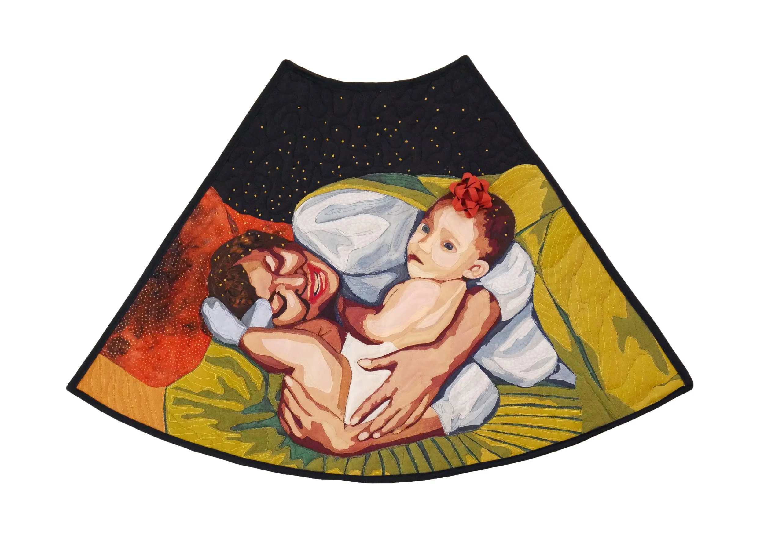 A quilt in the shape of a sonogram scan depicting a grandma in a blue night gown wrapped around her infant grandchild wearing a gift wrapping bow on their head.