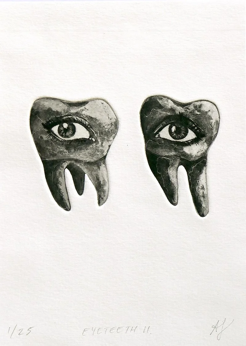 Black and white print of two human molar teeth with eyes at their center