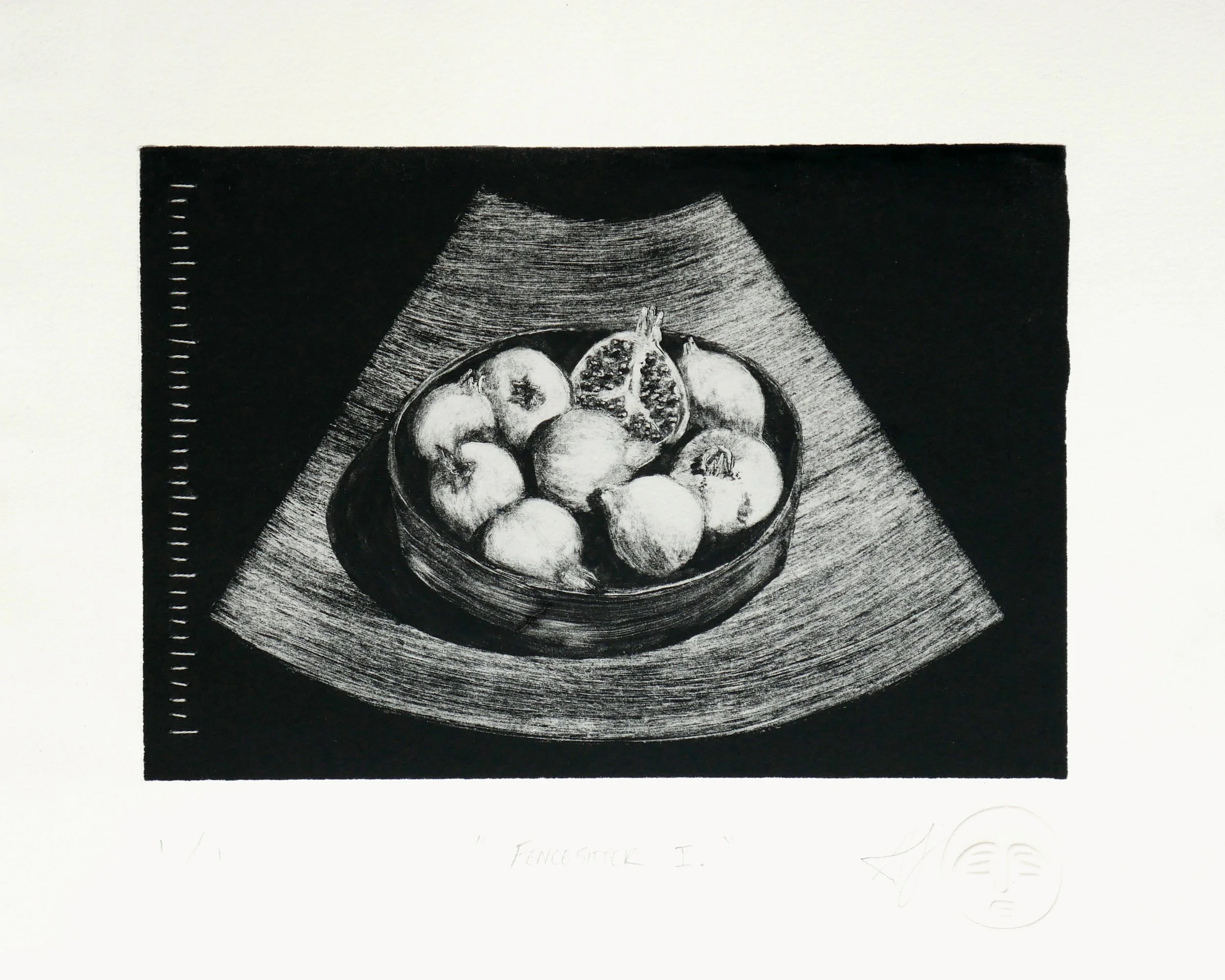 Fencesitter I.

Alt Text: Black and white monotype print of a sonogram containing a still life of a bowl of pomegranates