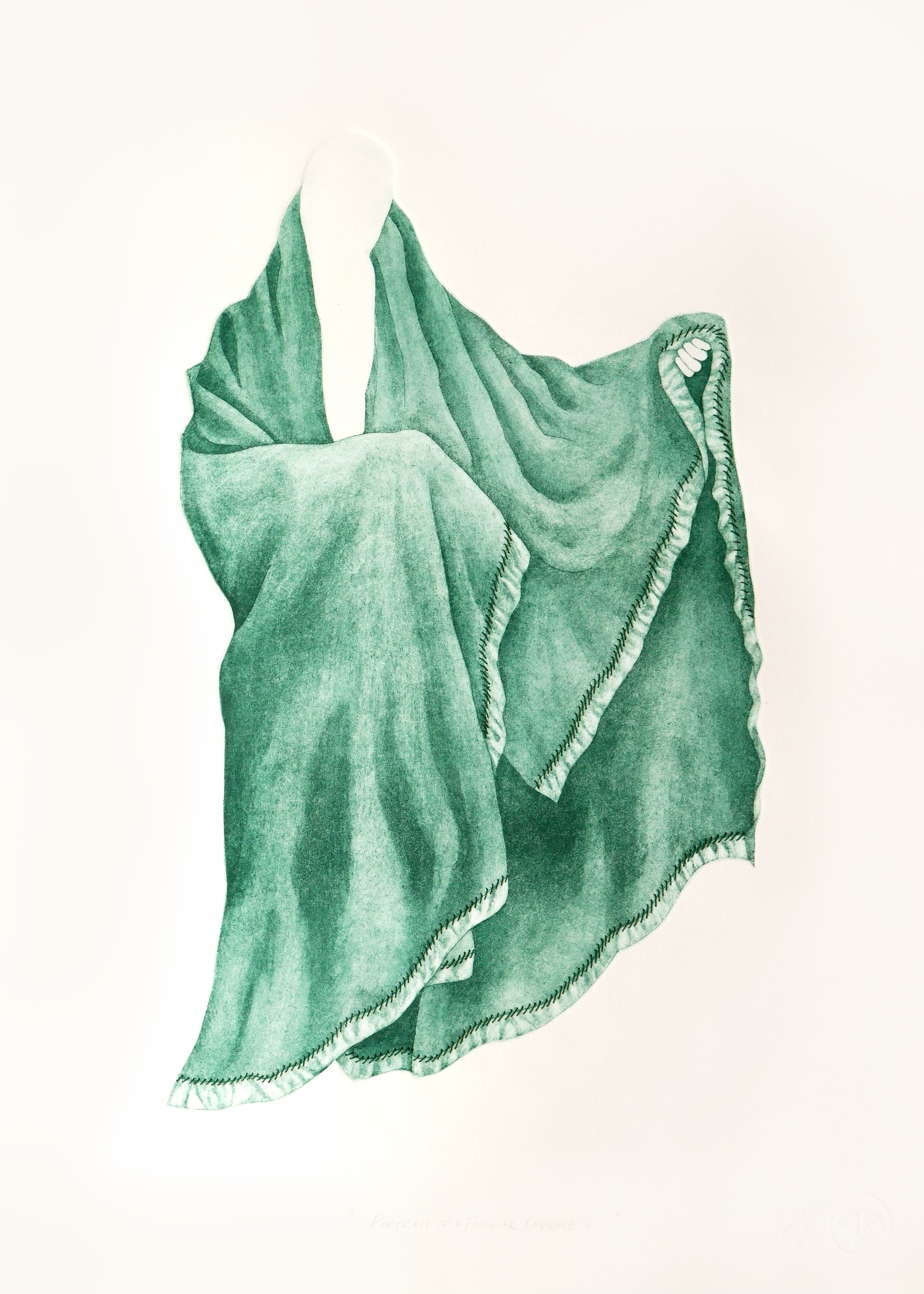 An etching of an invisible figure draped in a forest green blanket with satin trim and embroidered stitching along the blanket hem in dark green thread