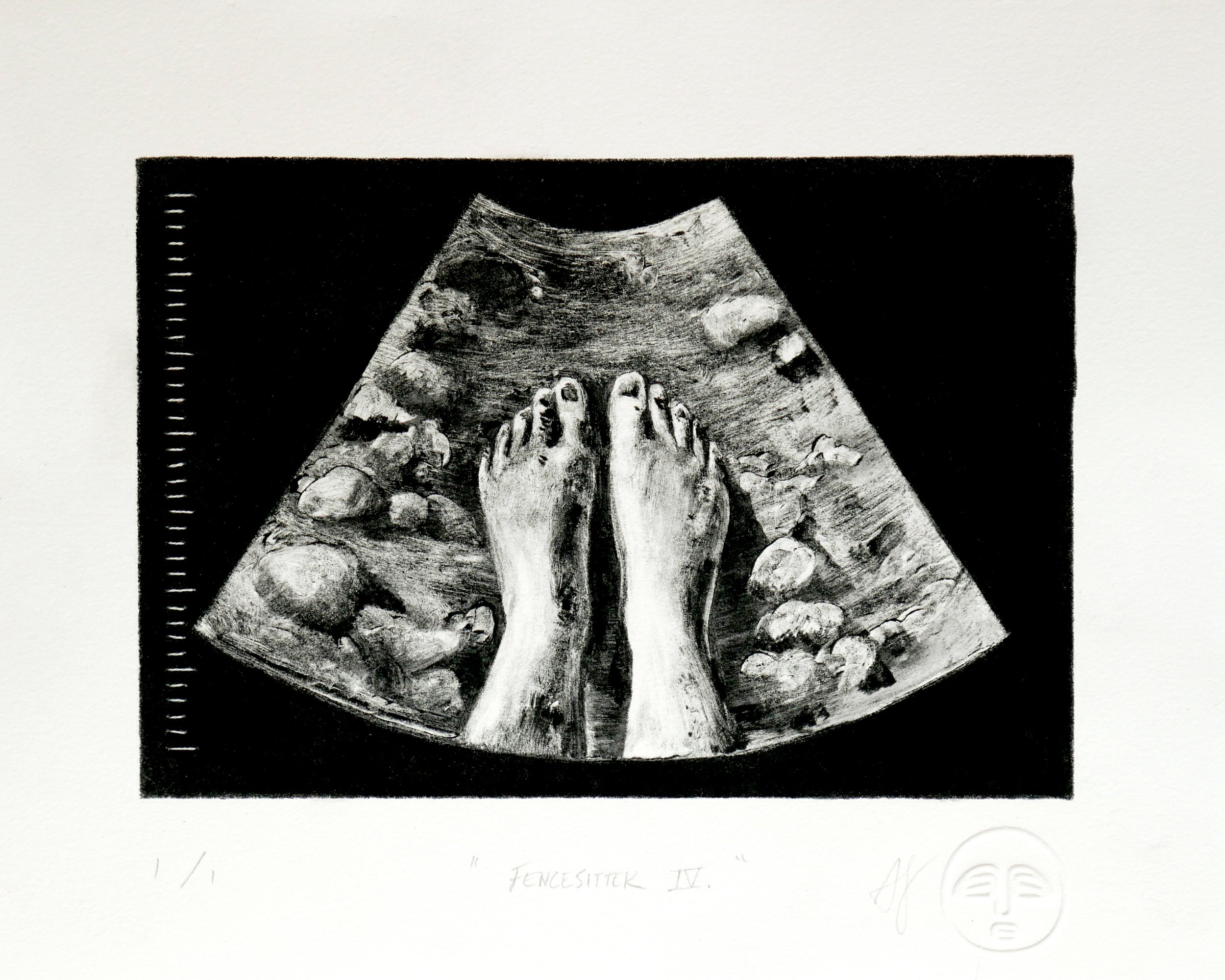 Fencesitter IV.

Alt Text: Black and white monotype print of a sonogram containing a view looking down at bare feet in a rocky river bed