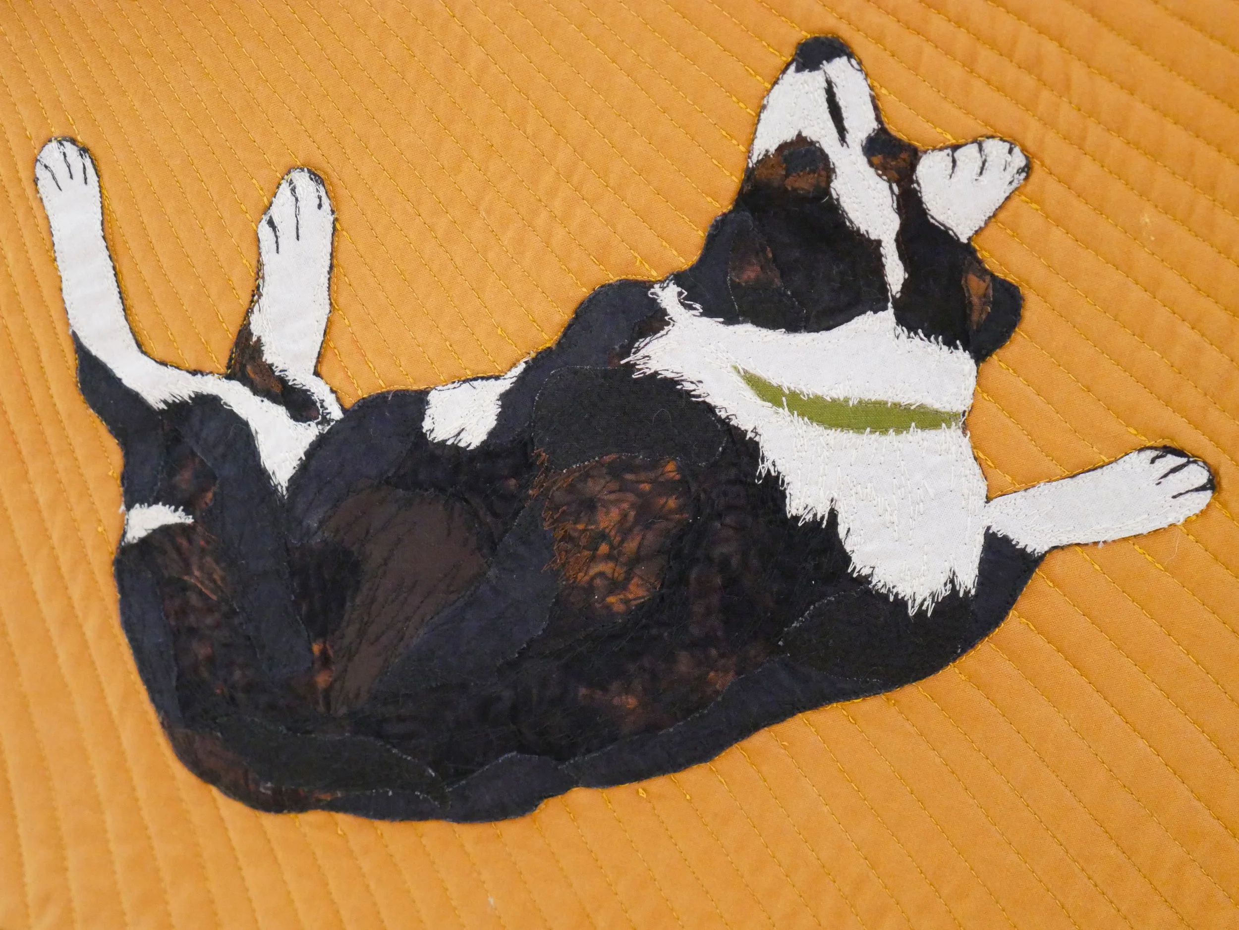 Quilt detail of a border collie dog sprawled out on the ground