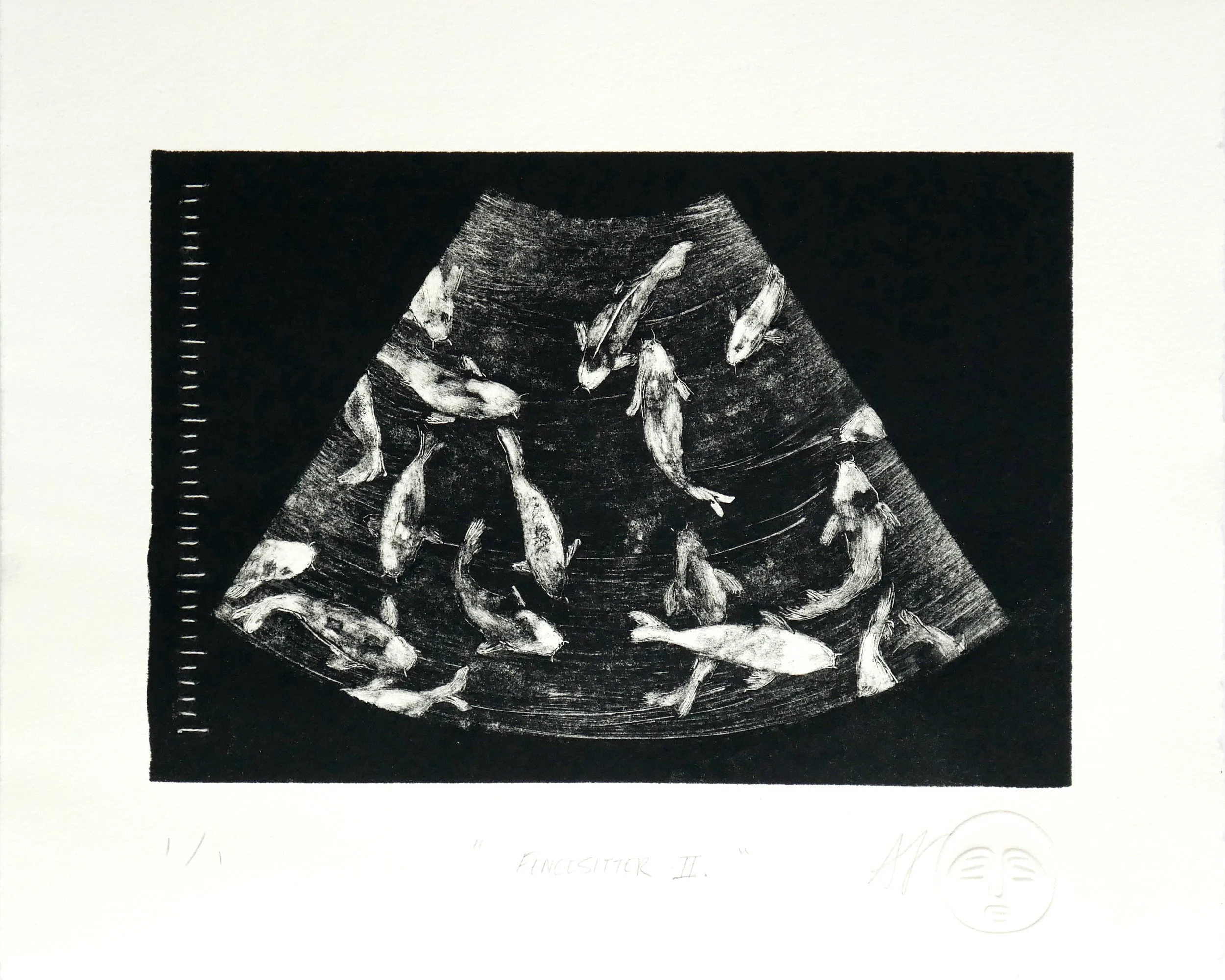 Fencesitter II.

Alt Text: Black and white monotype print of a sonogram containing a pool of swimming koi fish