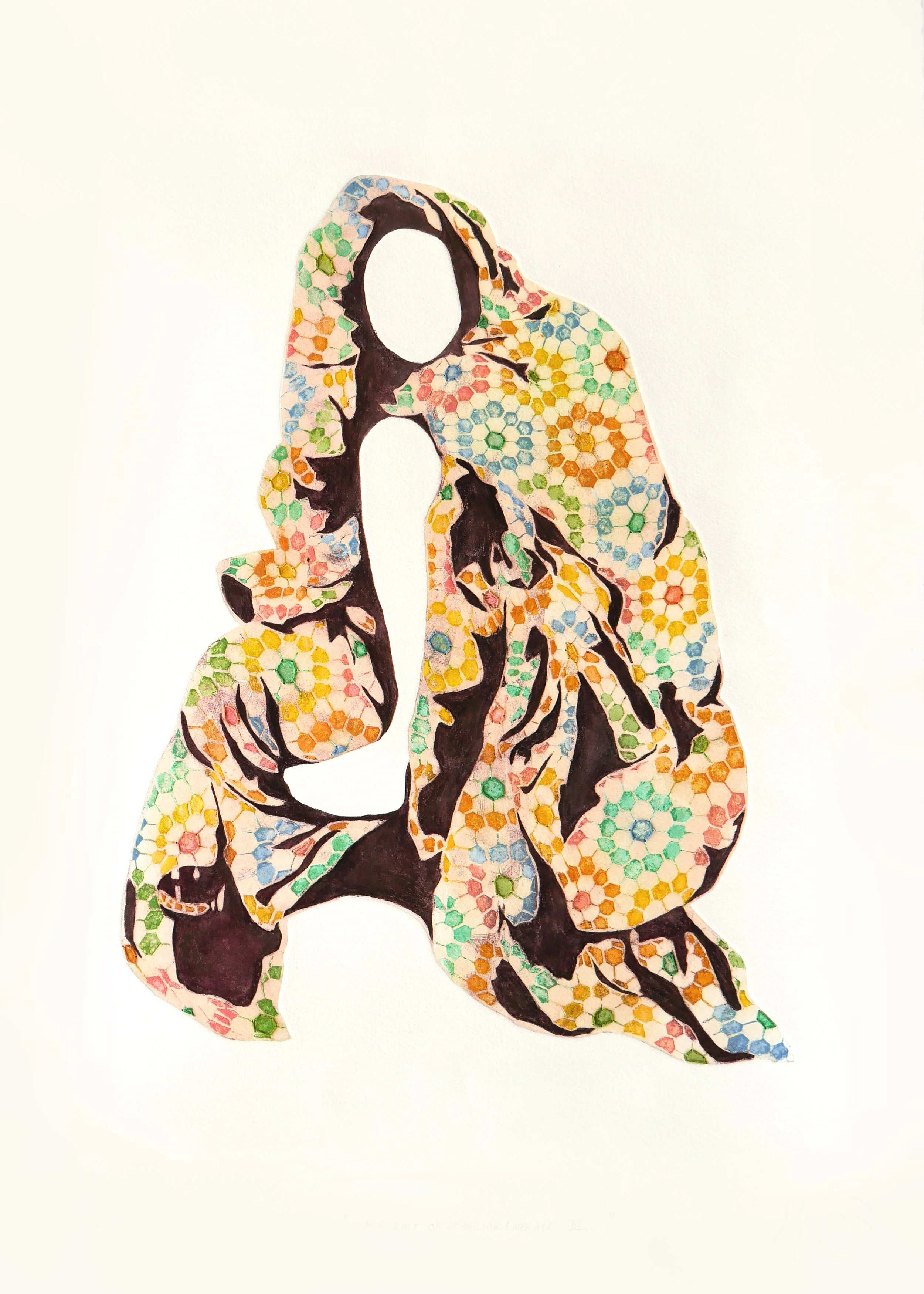 Colorful collagraph print of a crouching invisible figure cloaked in a rainbow hexagon quilt