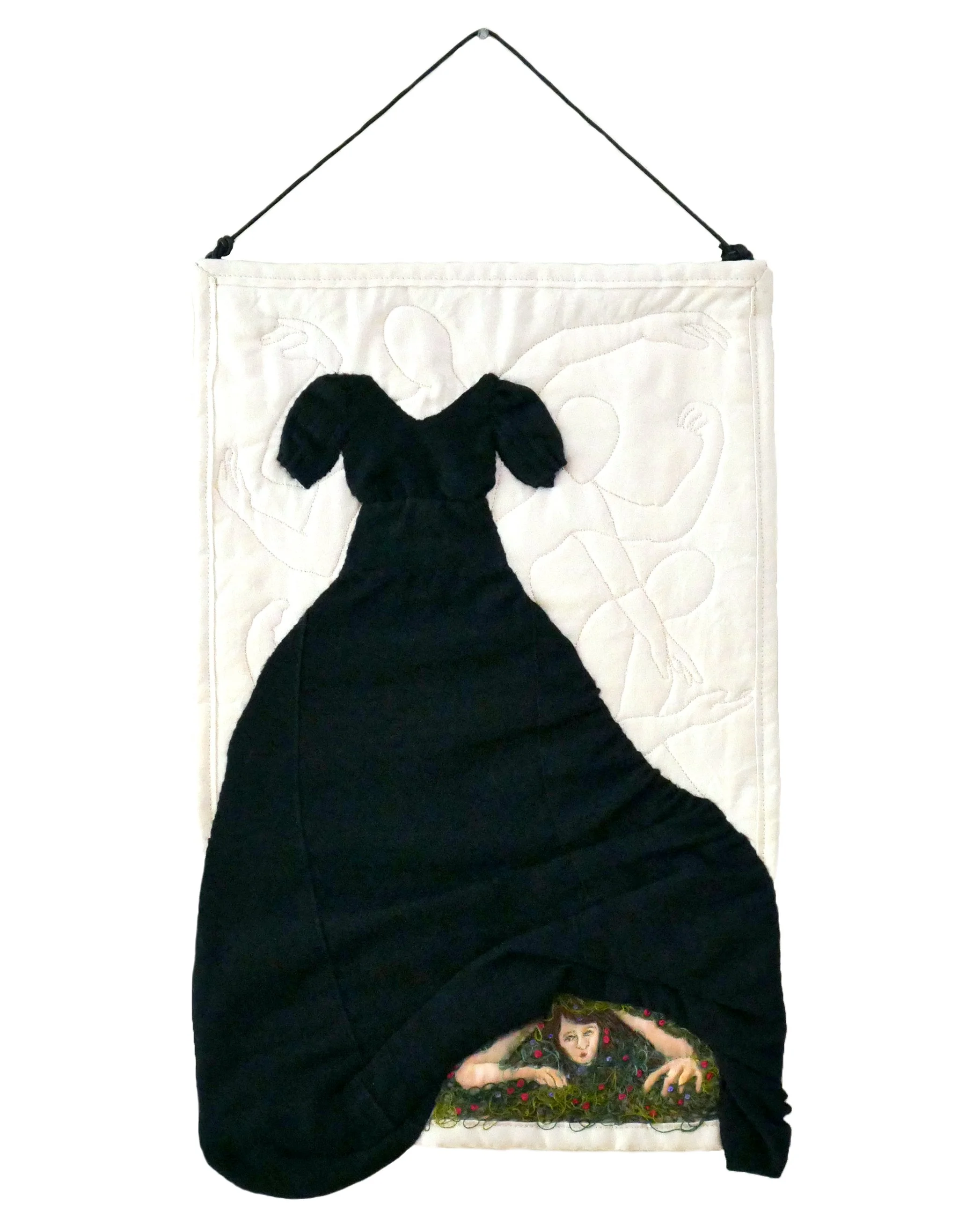 Quilt of a long black dress on a white background with a figure crawling out from under the hem surrounded in moss and flowers