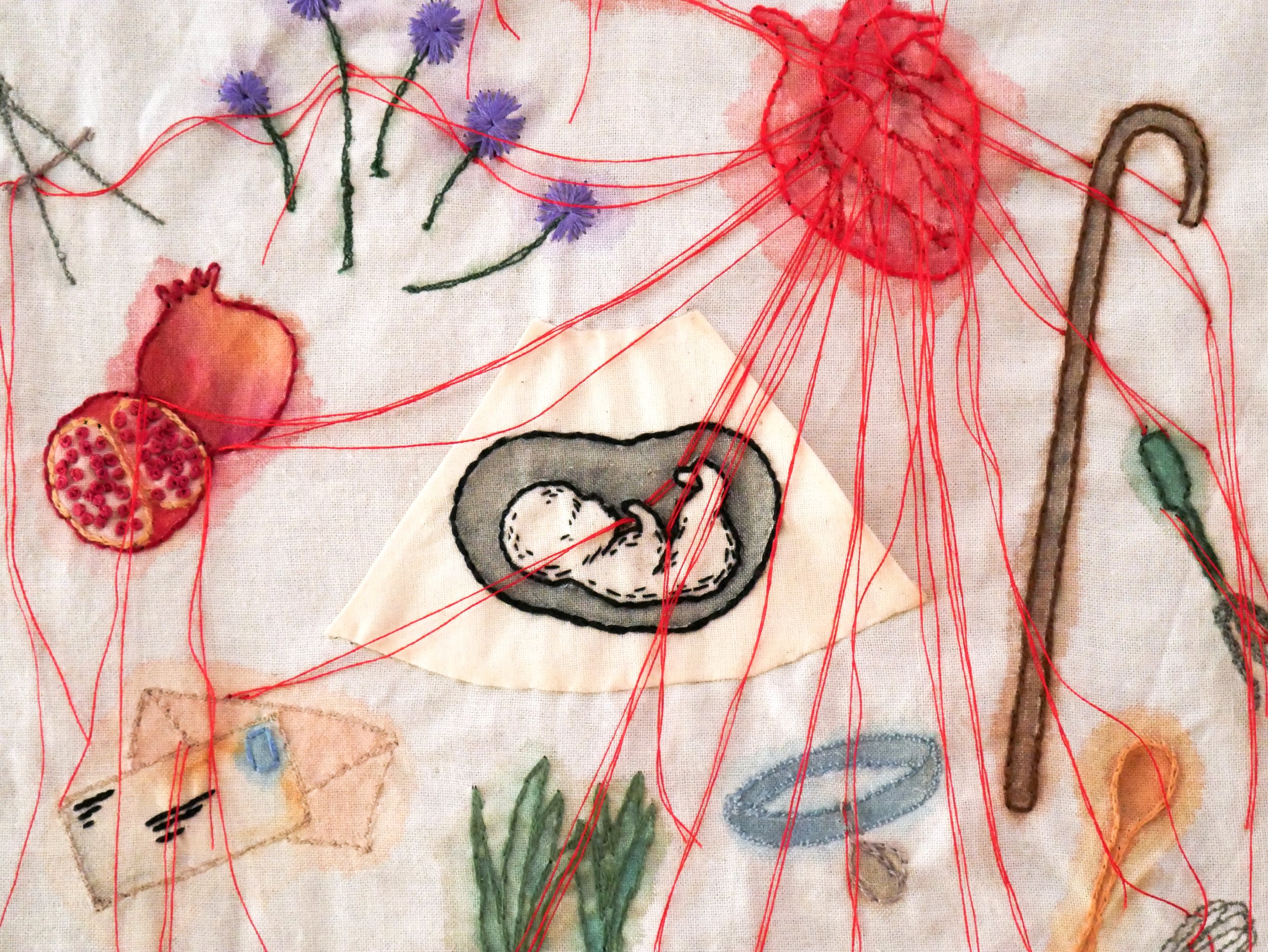 Detail of embroidered motifs like an anatomical heart, cane, pomegranates, and a fetus on a white background
