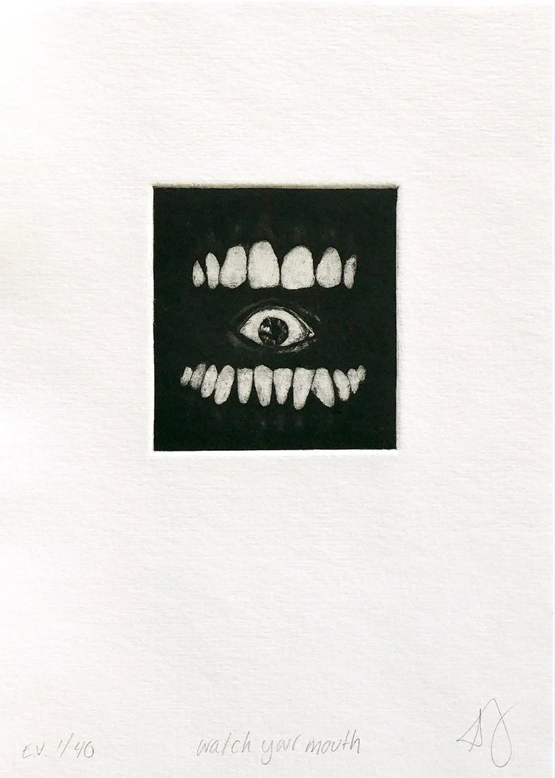 Black and white print of an eye staring through a set of human teeth against a black background