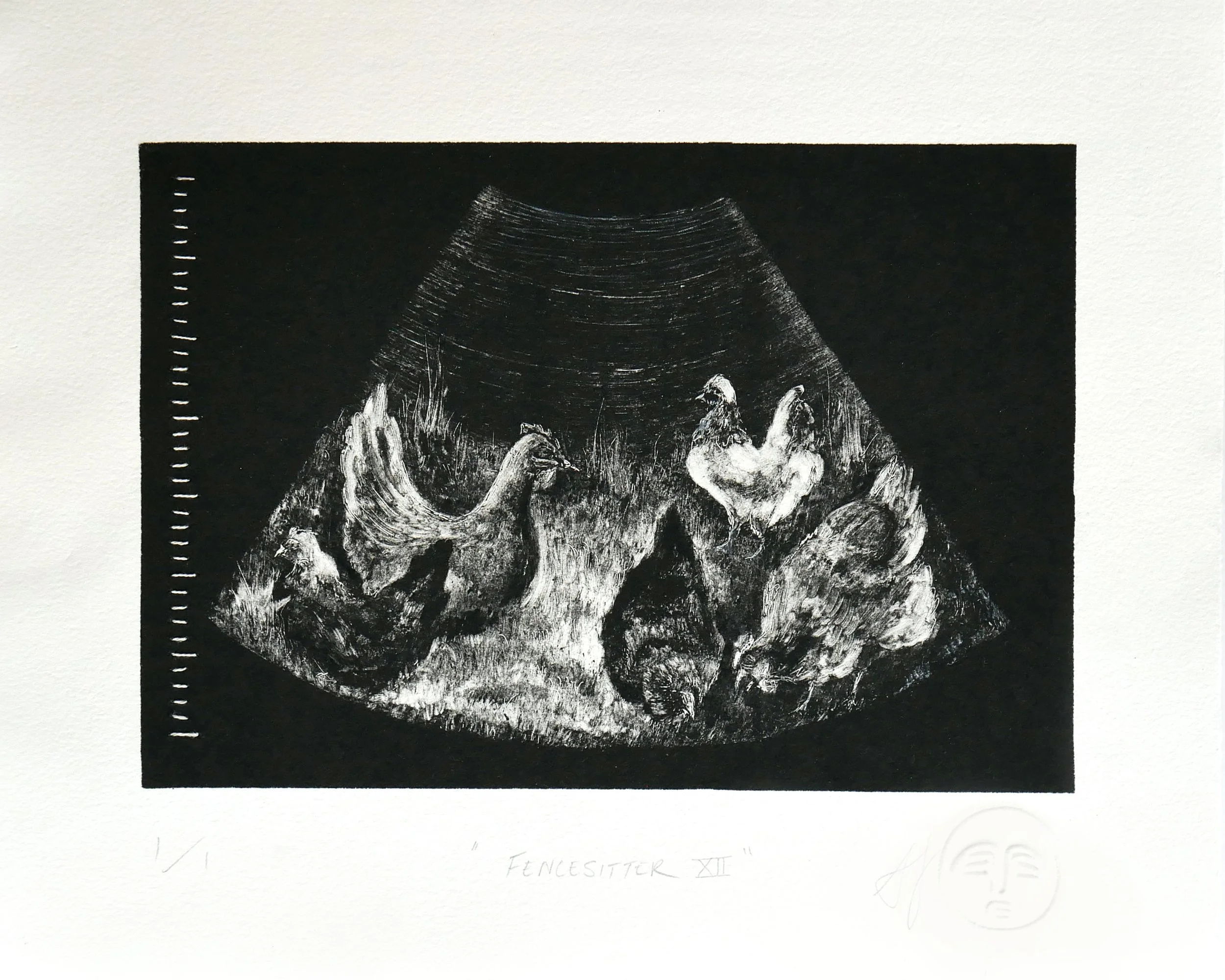 Black and white monotype print of a sonogram containing five chickens in a patch of grass