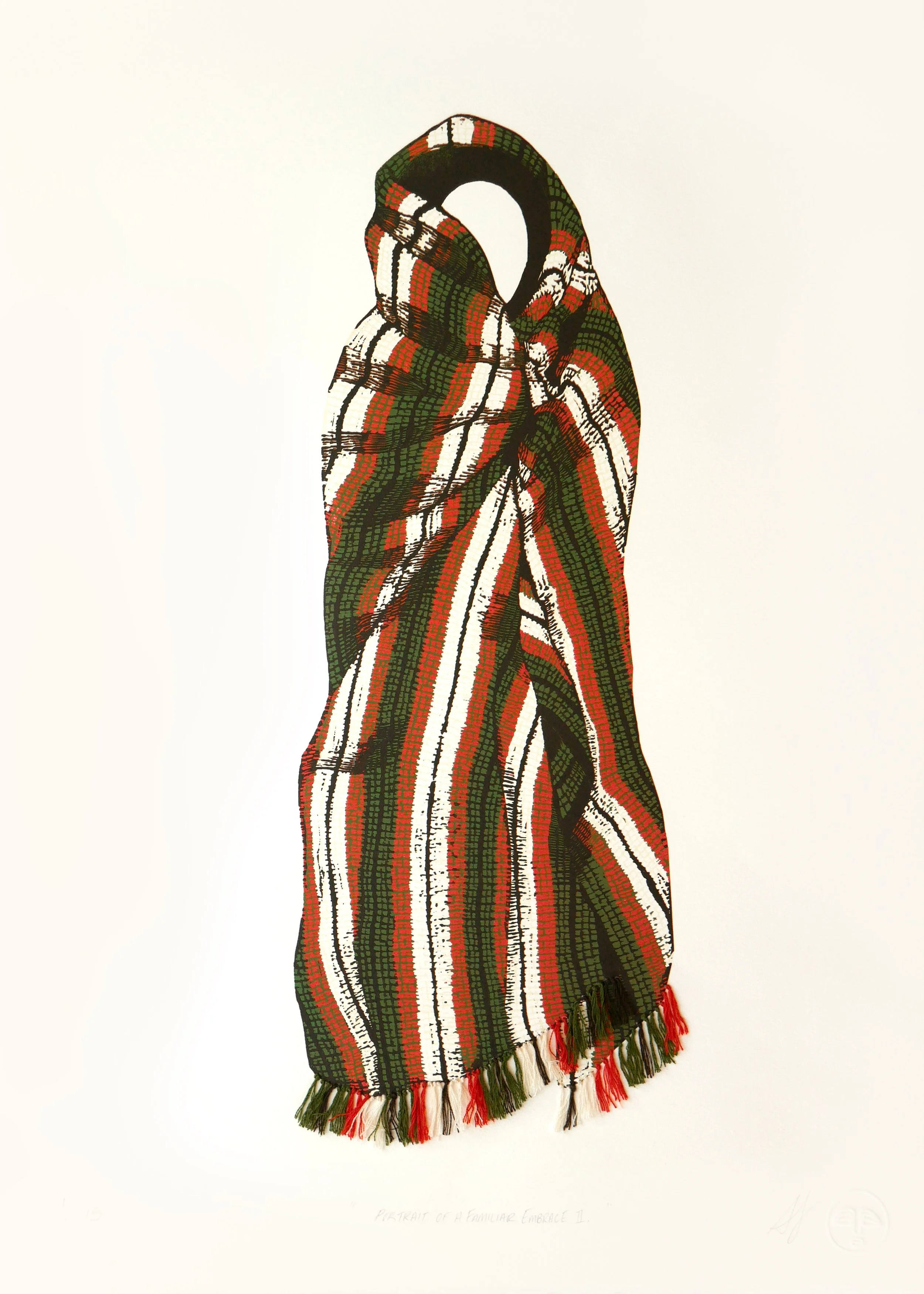 Linocut print of a standing invisible figure wrapped in a striped crochet afghan in cream, sage green, orange, and dark brown, with embroidered fringe hanging from the bottom edge of the blanket