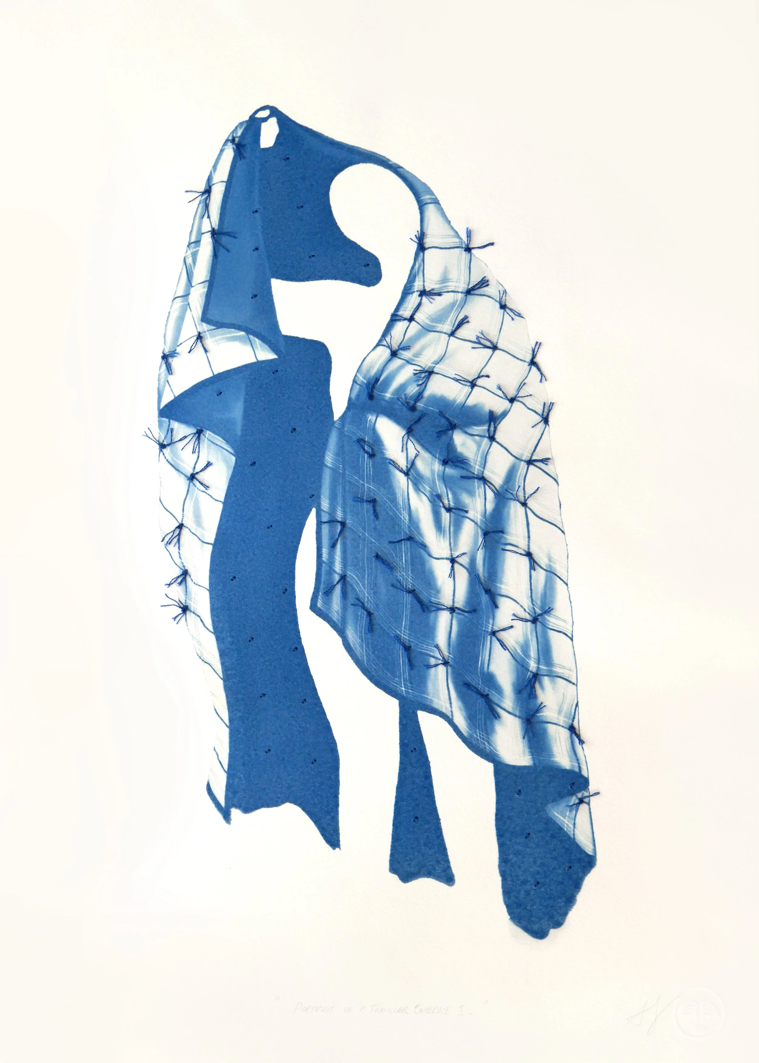 Cyanotype print of a standing invisible figure wrapped in a blue plaid tie quilt with blue embroidery floss creating the tie knots