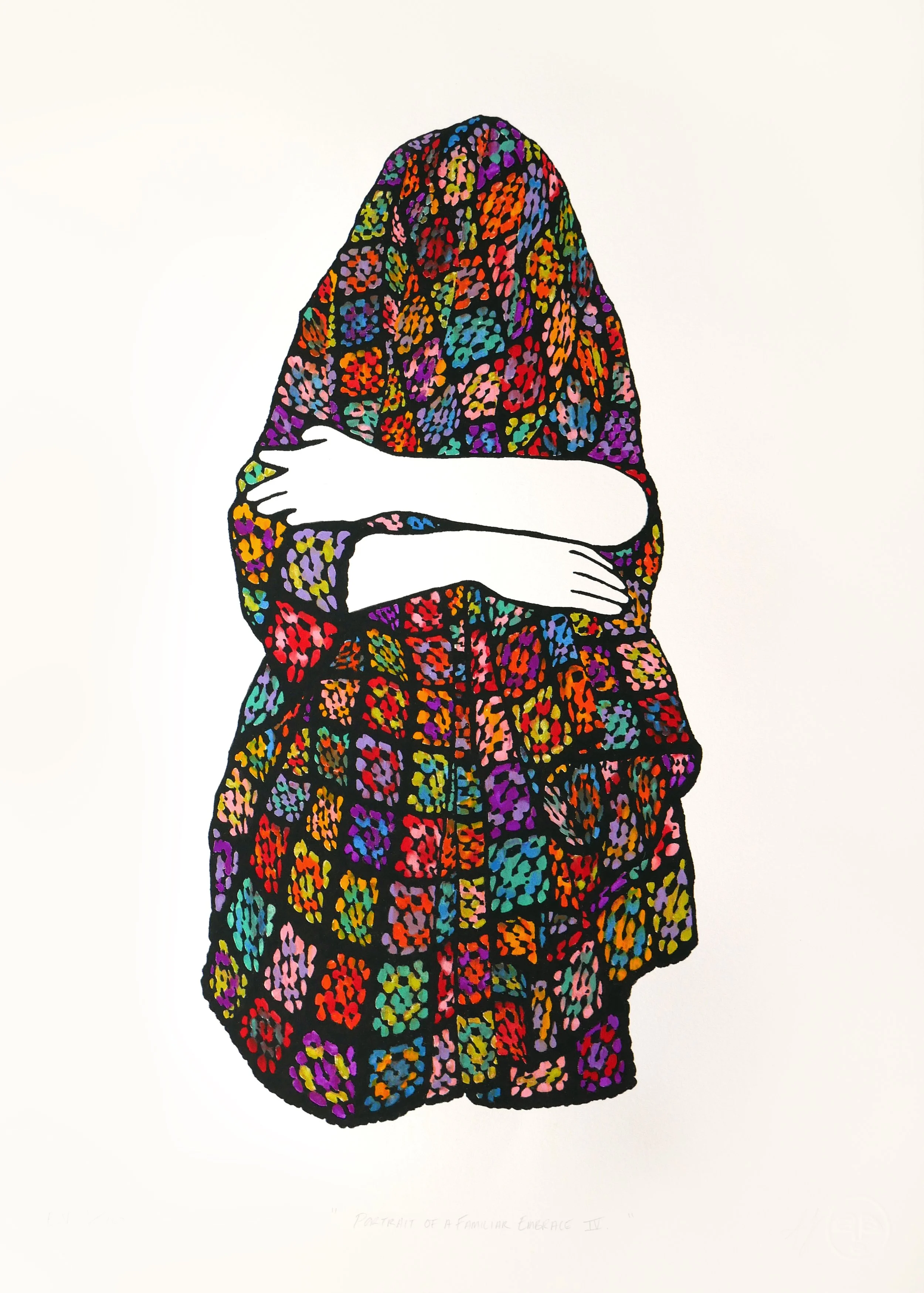 A screen print of an invisible figure with a rainbow granny square afghan draped over their head and arms wrapped around their torso