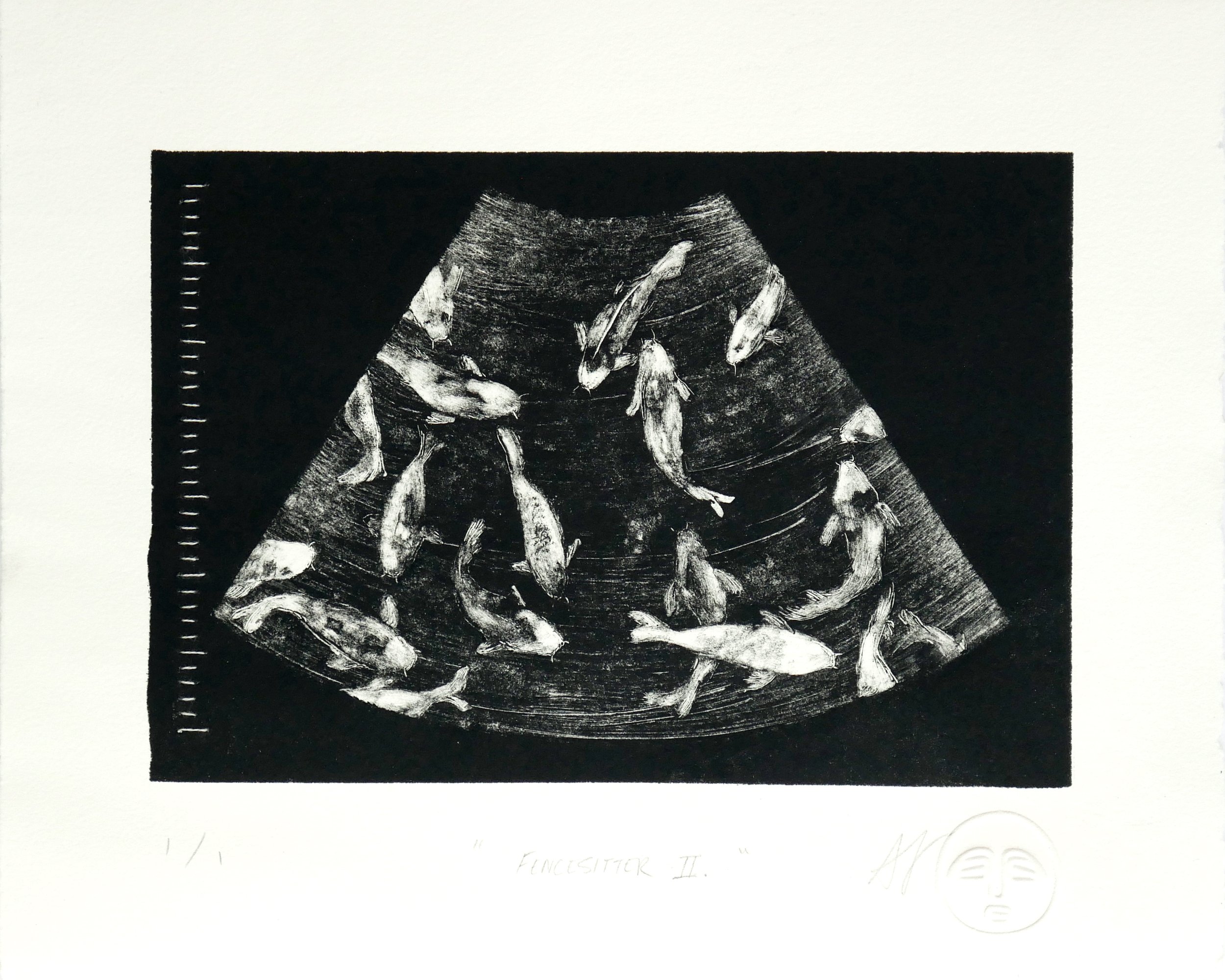 Black and white monotype print of a sonogram containing a pool of swimming koi fish
