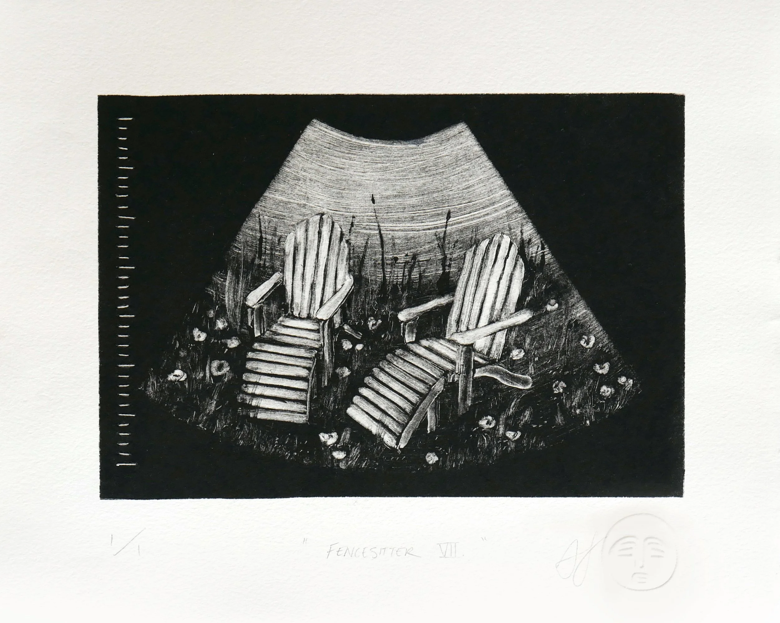 Black and white monotype print of a sonogram containing two Adirondack chairs in a meadow