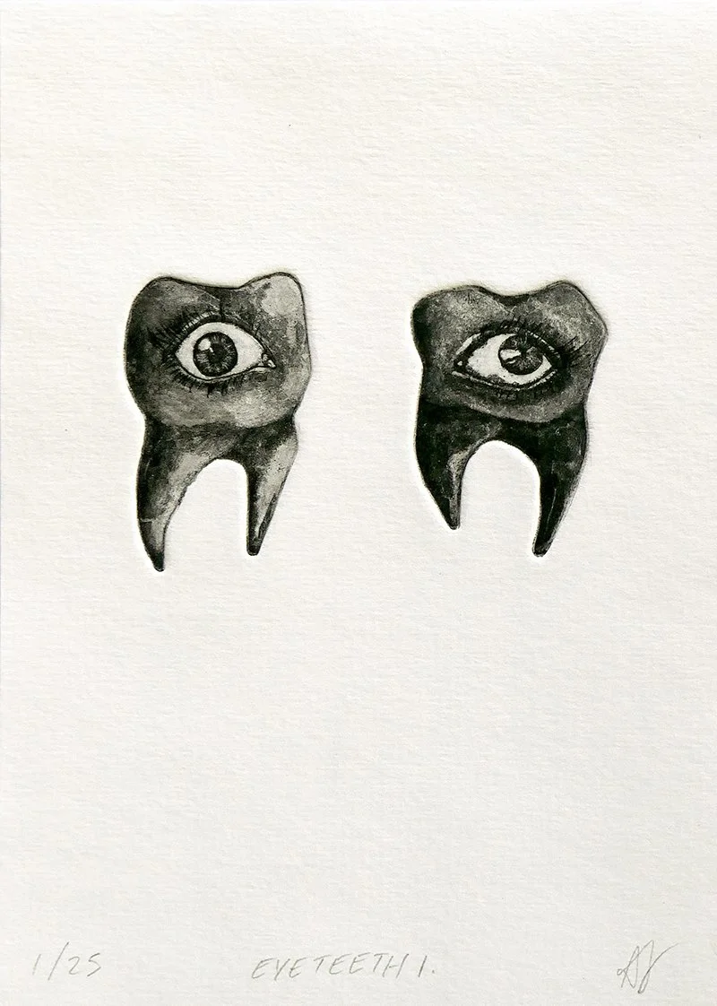 Black and white print of two human molar teeth with eyes at their center