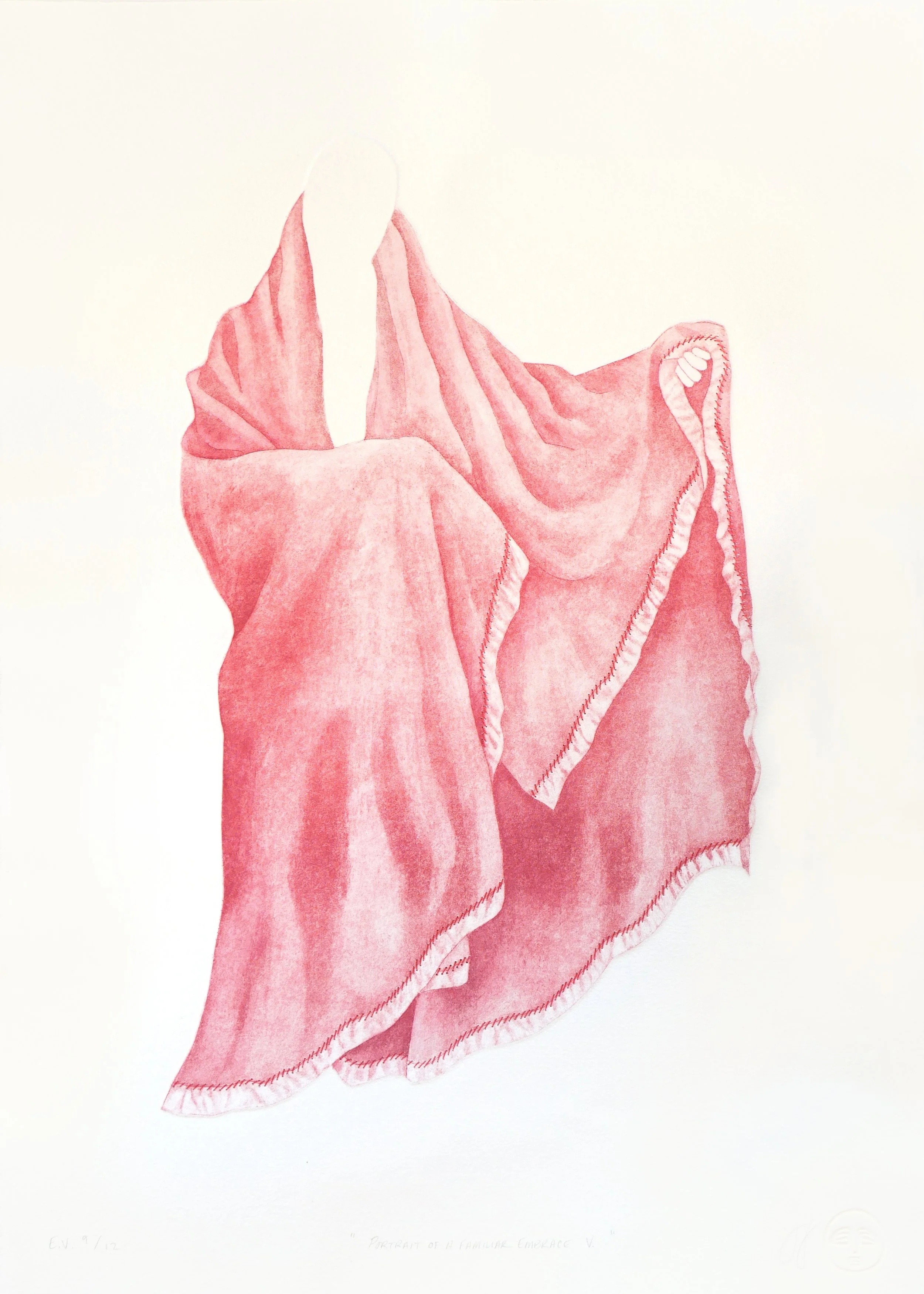 An etching of an invisible figure draped in a pink blanket with satin trim and embroidered stitching along the blanket hem in dark pink thread