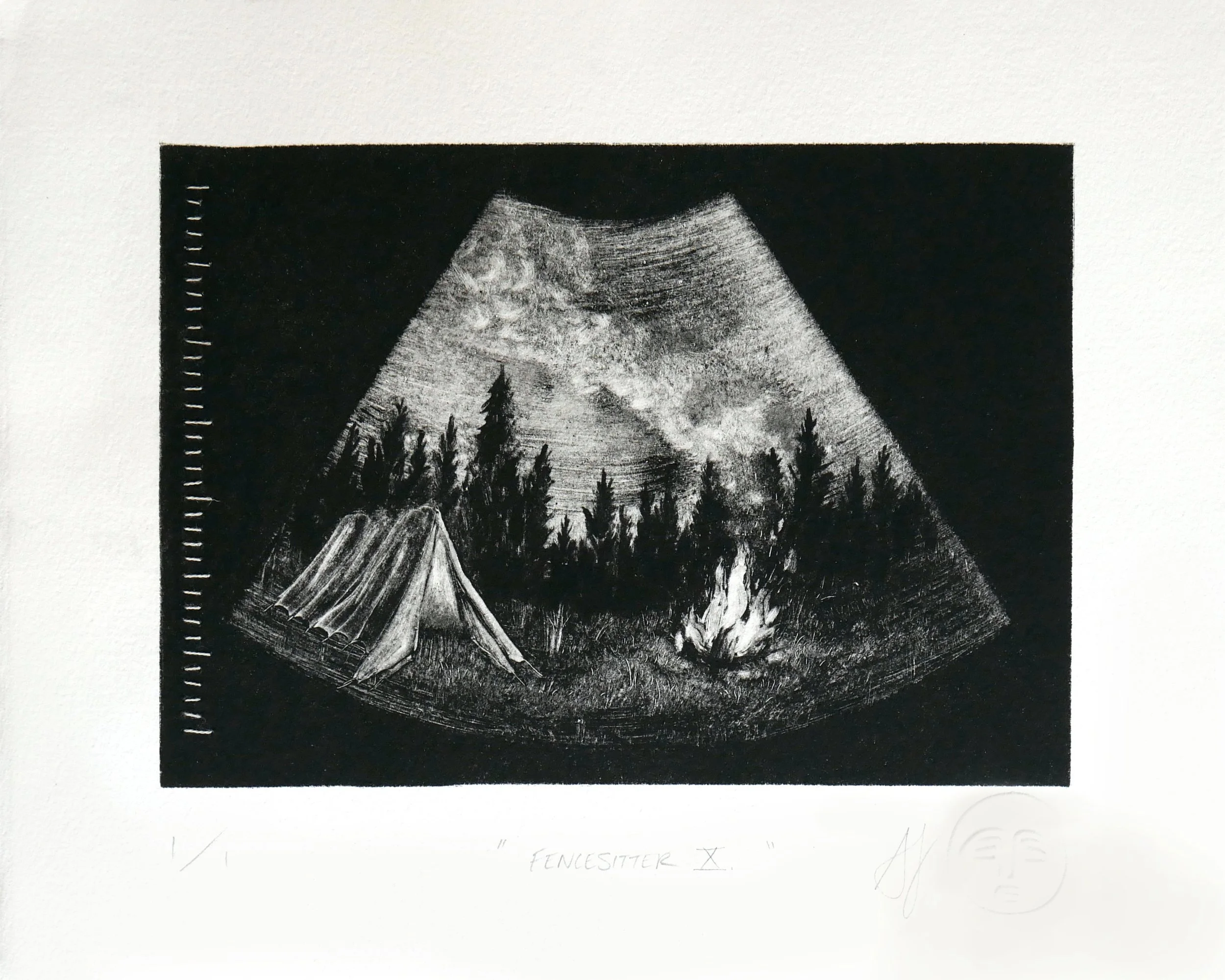 Black and white monotype print of a sonogram containing a landscape of a tent next to a bonfire against dark trees