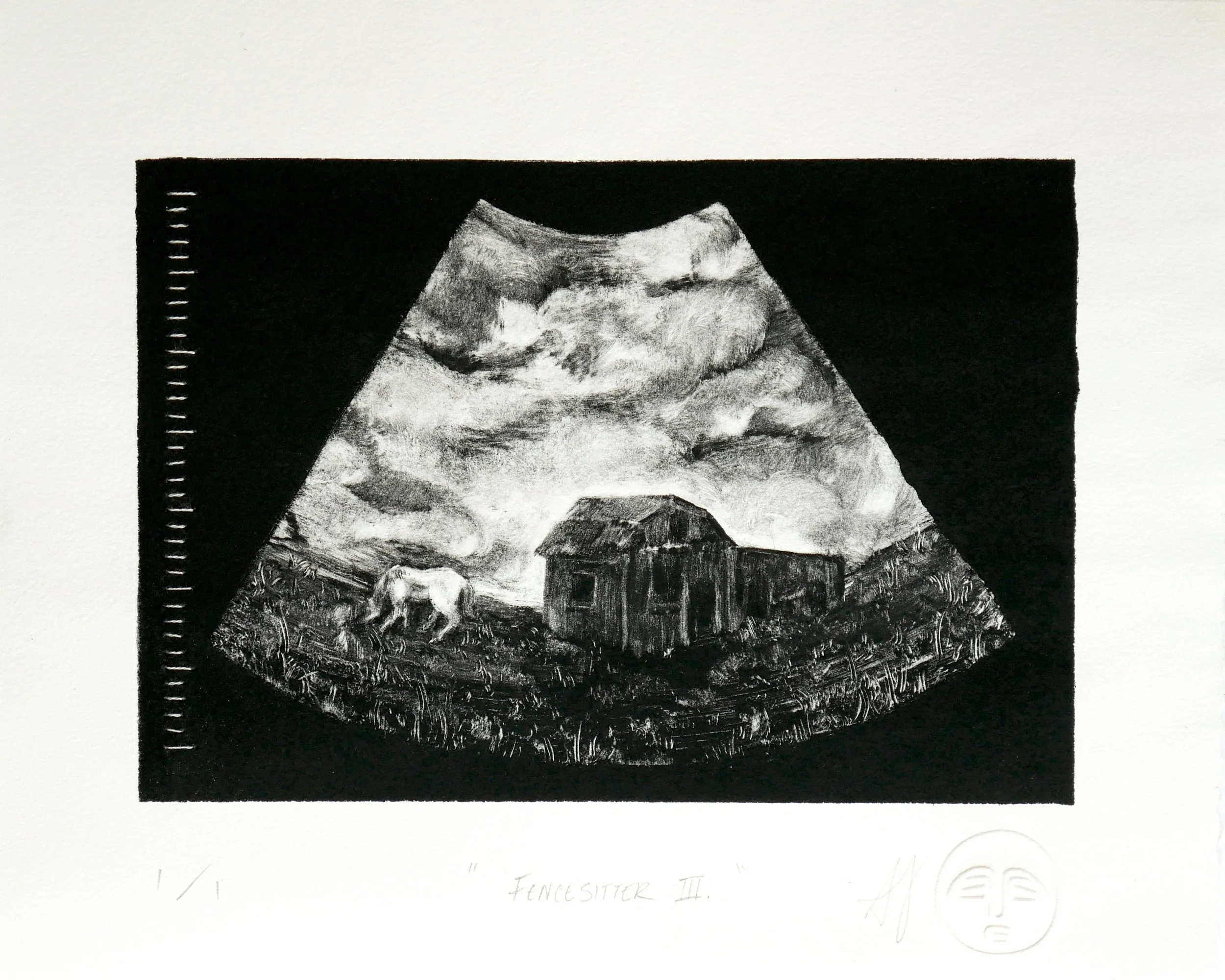 Fencesitter III.

Alt Text: Black and white monotype print of a sonogram containing a landscape of a white horse grazing next to a barn