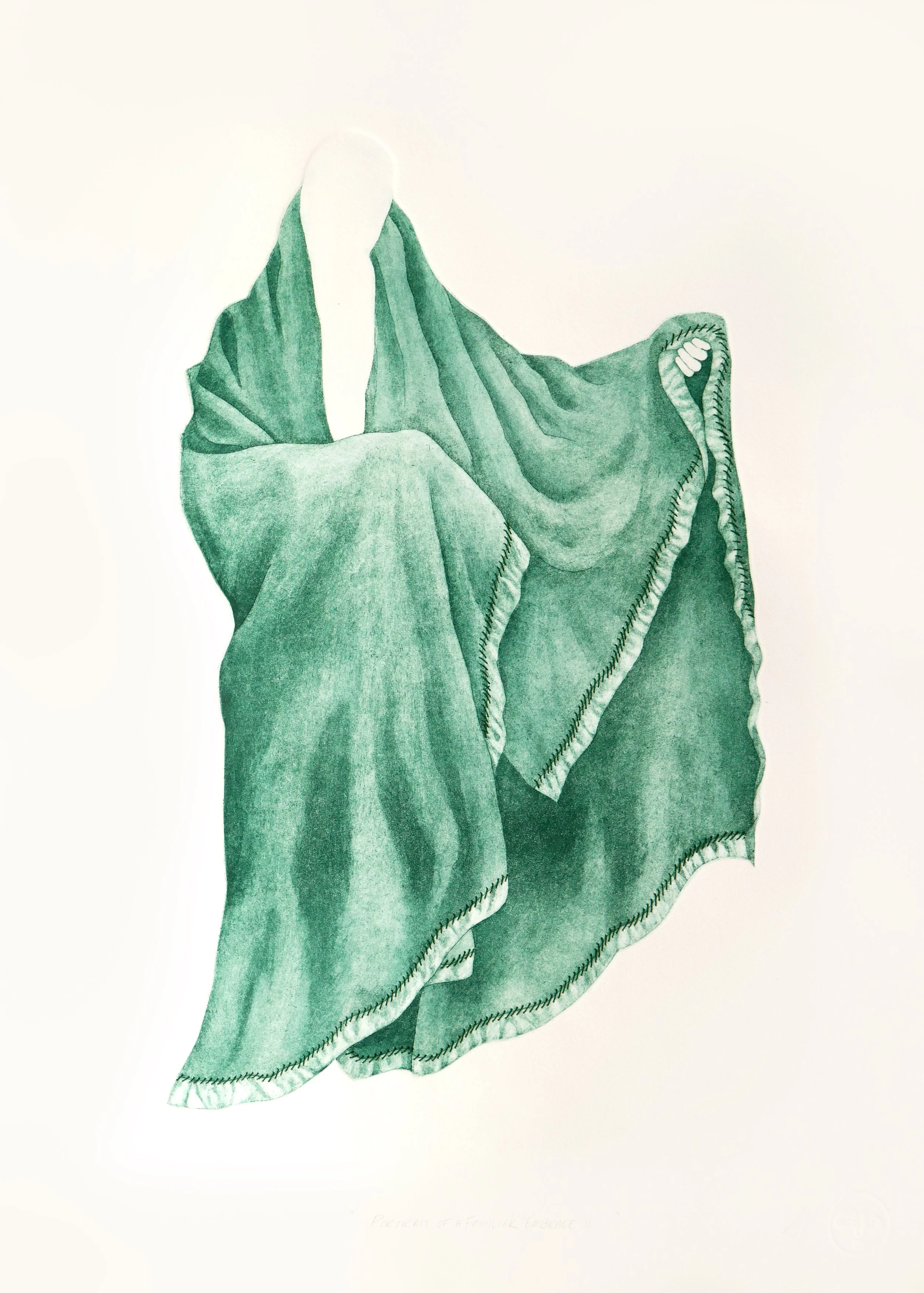 An etching of an invisible figure draped in a forest green blanket with satin trim and embroidered stitching along the blanket hem in dark green thread