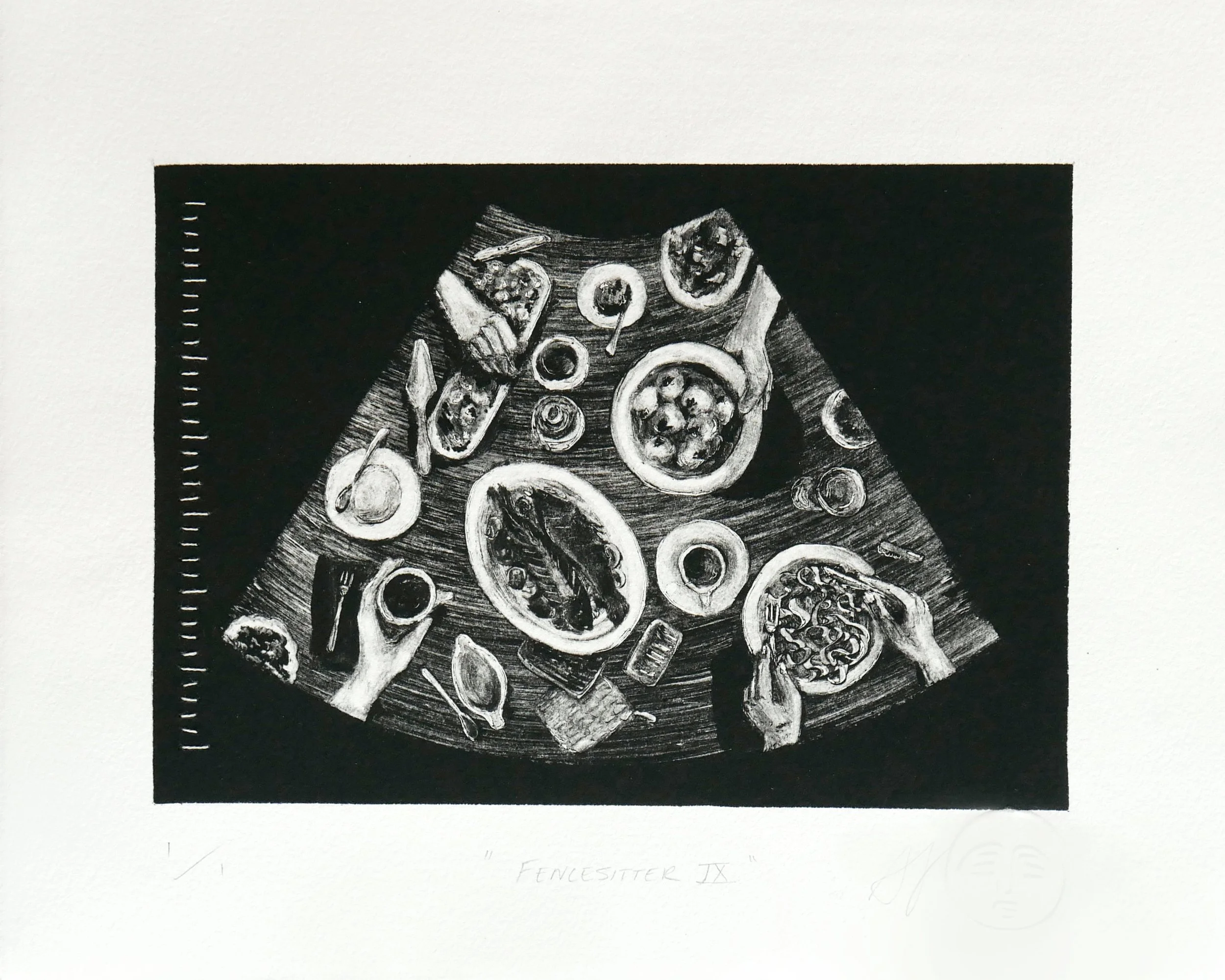 Fencesitter IX.

Alt Text: Black and white monotype print of a sonogram containing an over-the-table view of a dinner feast 