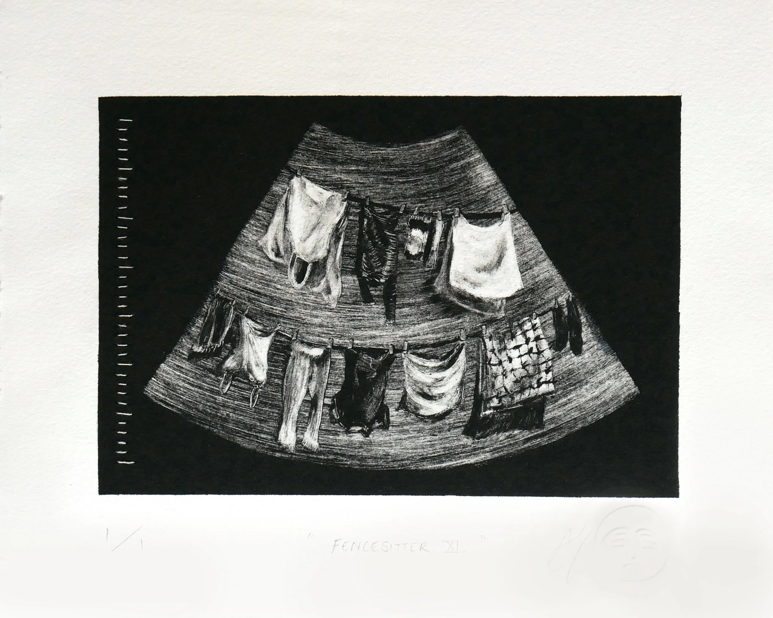 Fencesitter XI.

Alt Text: Black and white monotype print of a sonogram containing two clotheslines with hanging clothes