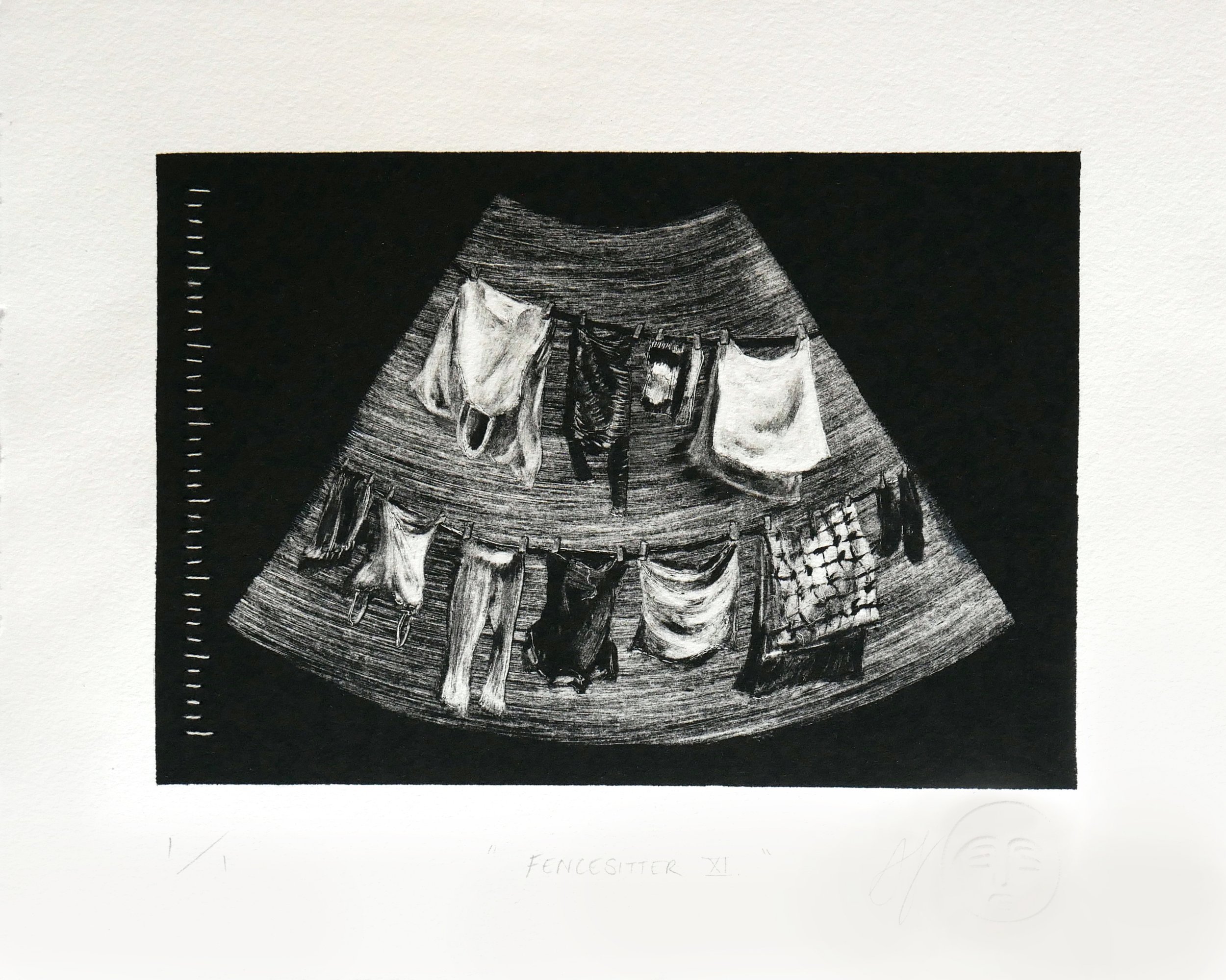 Black and white monotype print of a sonogram containing two clotheslines with hanging clothes