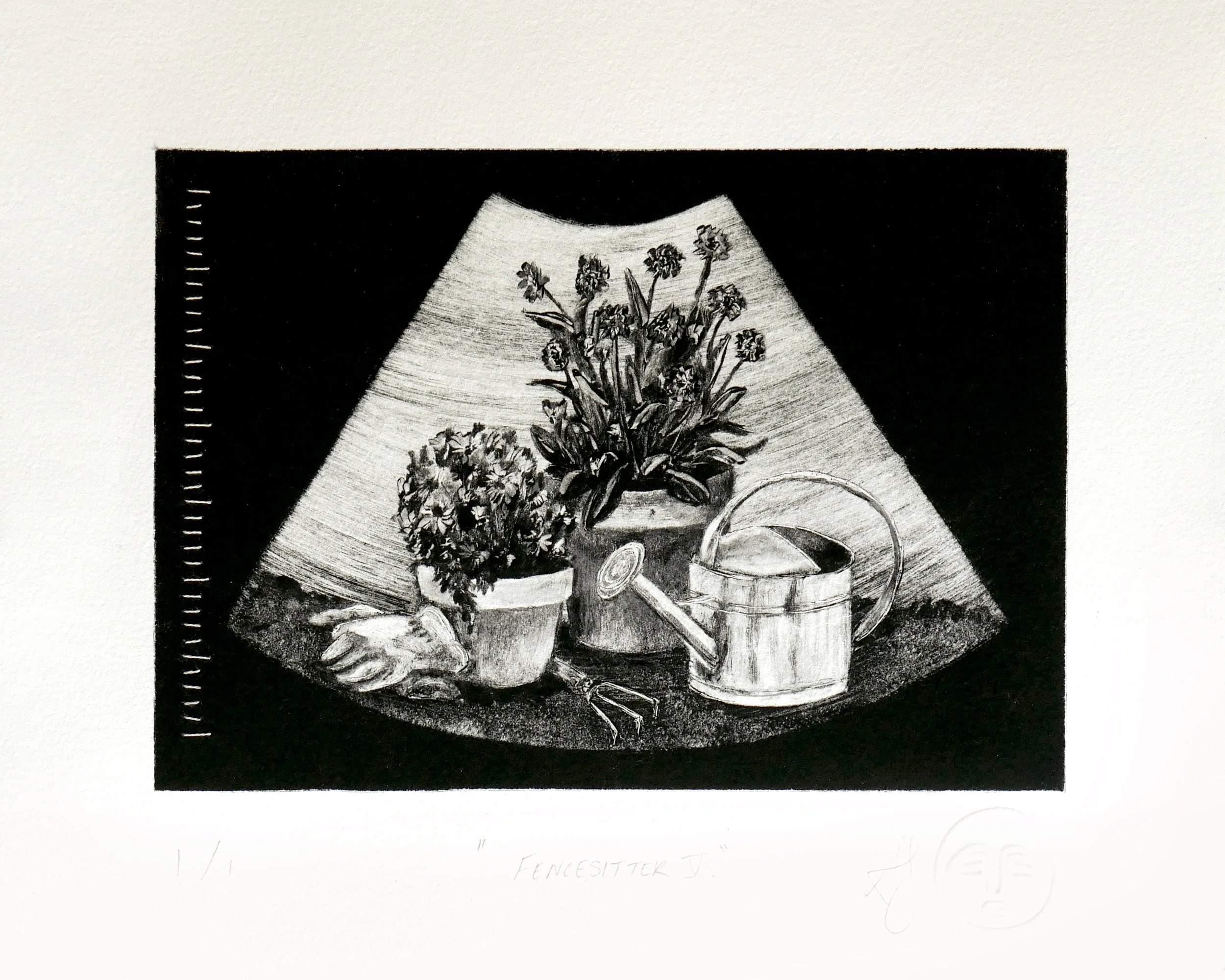 Black and white monotype print of a sonogram containing a still life of two flower pots with asters and dahlias, a watering pail, hand rake, and work gloves