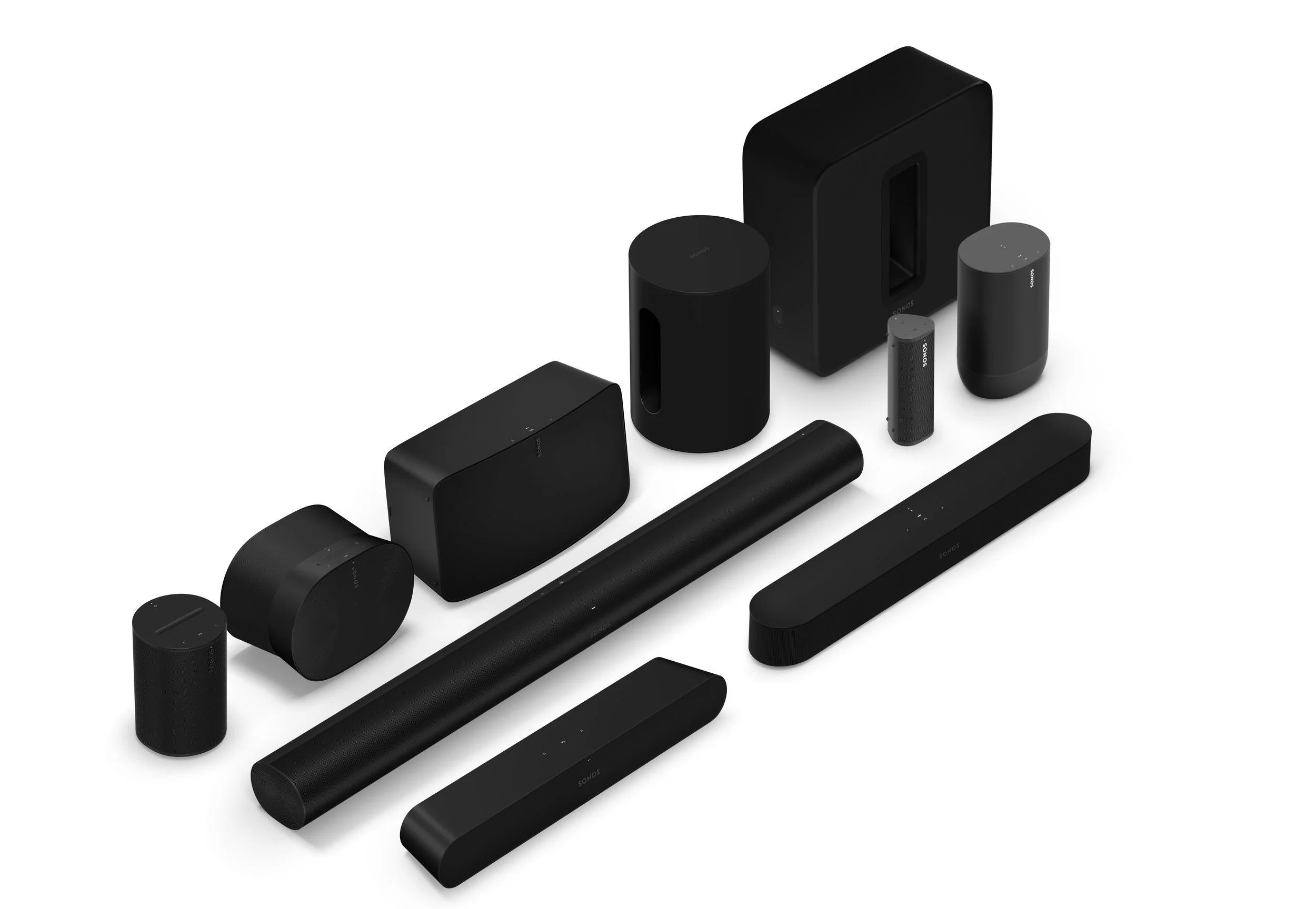 A full lineup of black Sonos premium home audio equipment, including soundbars, subwoofers, and smart speakers, available at Katabatic Connections, an Authorized Sonos Dealer. Five, Era300, Era100, Roam, Move2, ArcUltra, Beam, Ray, Sub Mini, Sub4