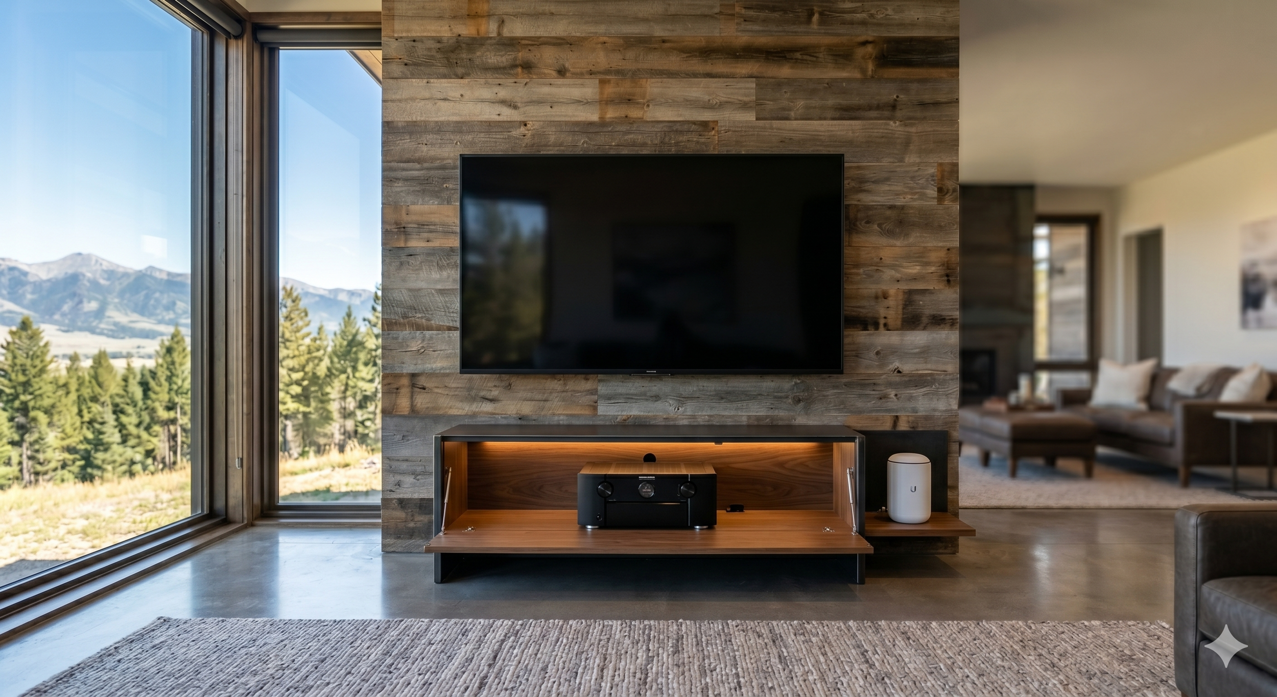 A custom home entertainment setup featuring a securely mounted flat-screen TV, a premium AV receiver, and a Ubiquiti UniFi network router in a modern rustic Montana home. Professionally installed by Katabatic Connections in Livingston and Bozeman.