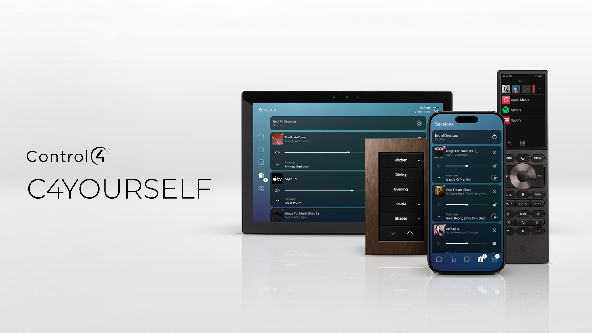 Control4 smart home interfaces including a touchscreen display, mobile app, smart lighting keypad, and universal remote, alongside the C4Yourself logo. Professionally installed by Katabatic Connections in Livingston, Bozeman and Southwest Montana.