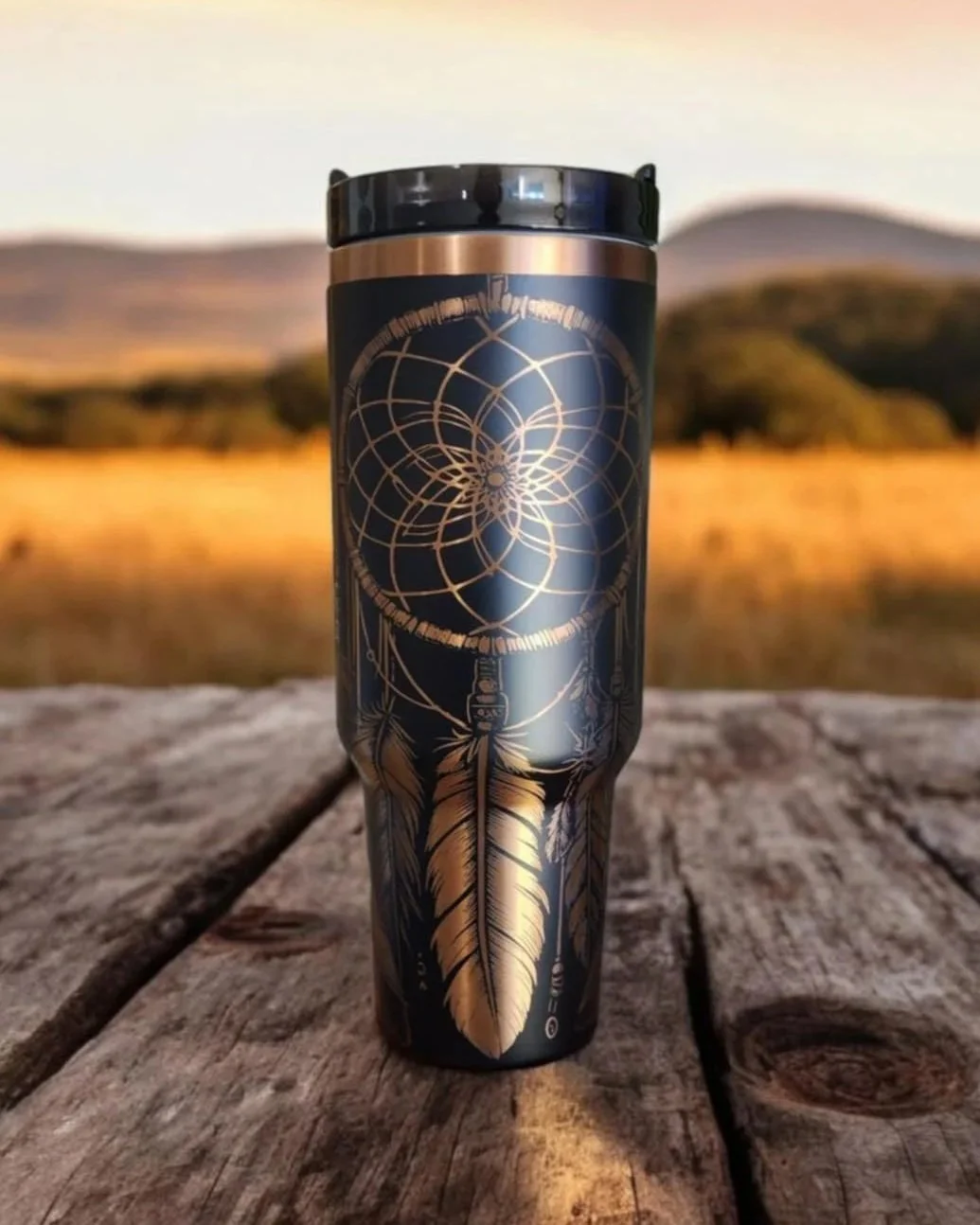 Dreamcatcher on Matte Black with Bronze underlay.  40 oz, Non-Branded Tumbler