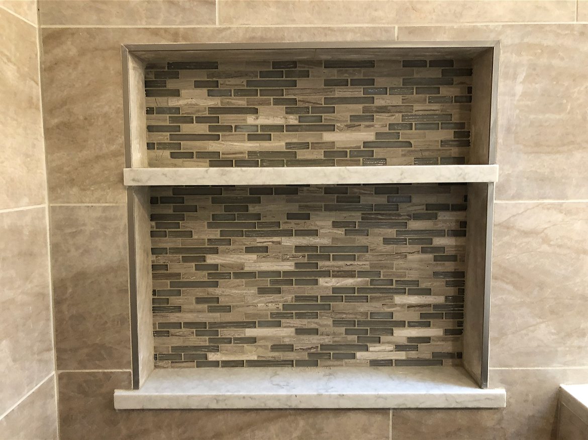 Tile shower niche and tile Tacoma crafted by 7 Lamps Construction (Gig Harbor). www.7lamps.com