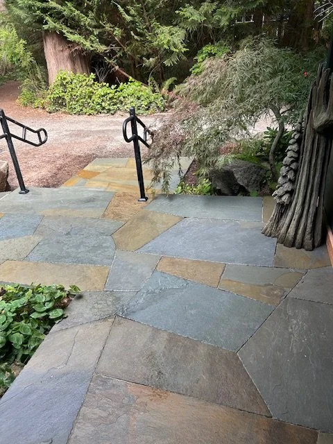 Stone pathway with handrails leading downwards, surrounded by lush greenery and trees.