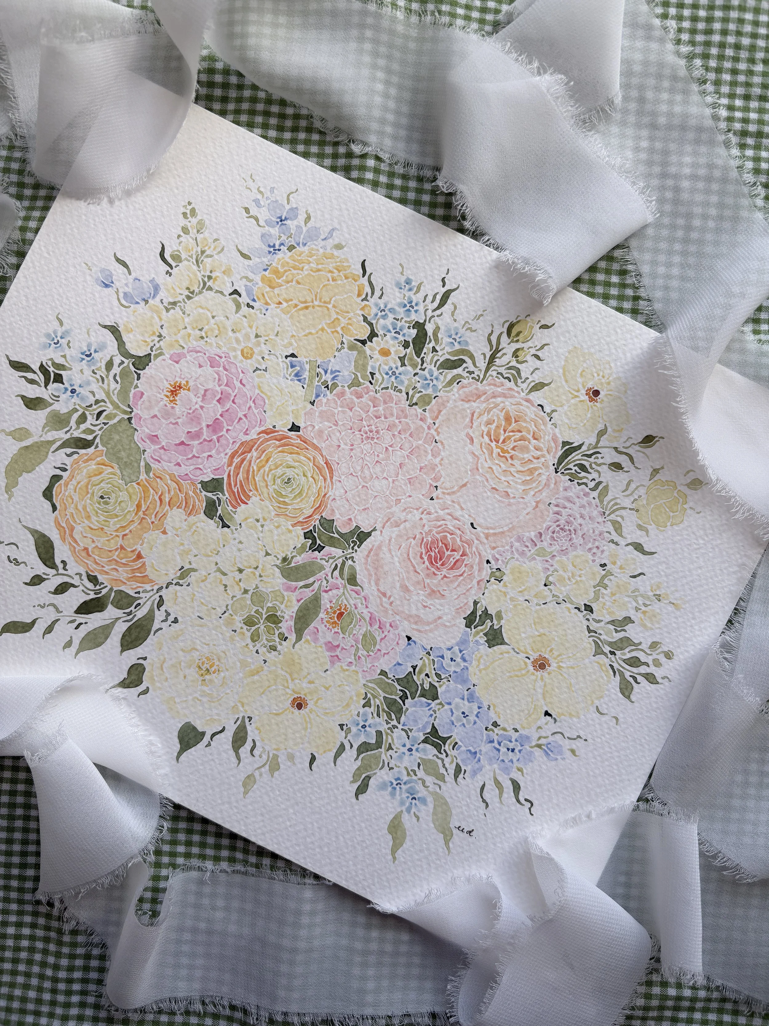A floral watercolor painting of pink, yellow, blue, and cream-colored flowers, surrounded by green leaves, on textured white paper.