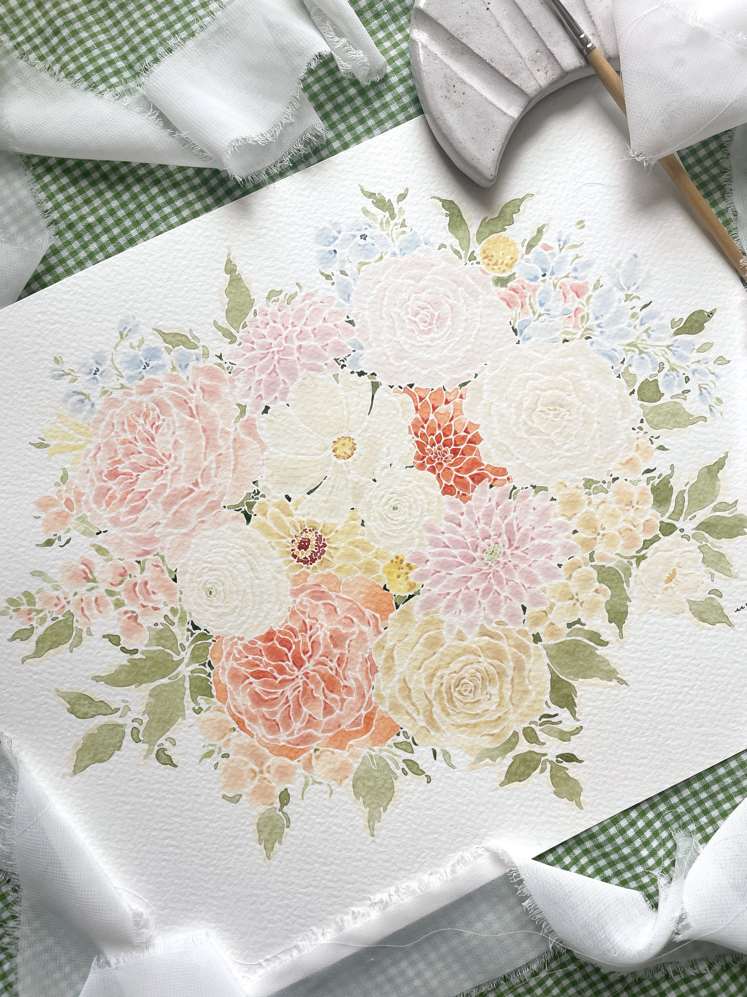 Watercolor floral painting with light pink, white, peach, and yellow flowers, surrounded by green leaves, on textured paper.